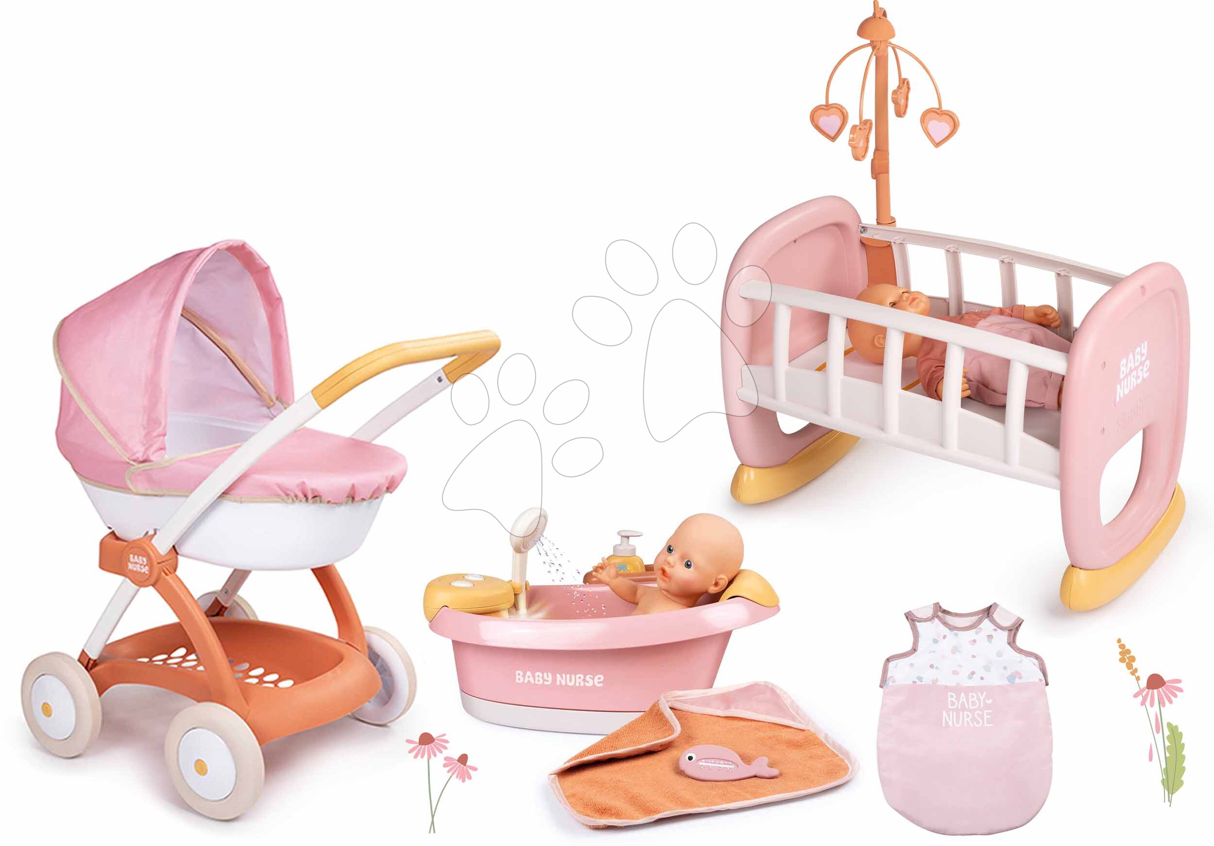 Set vanička s funkčnou sprchou a hlboký kočík Balneo Bath Soft Baby Nurse Smoby a kolíska s nočným úborom