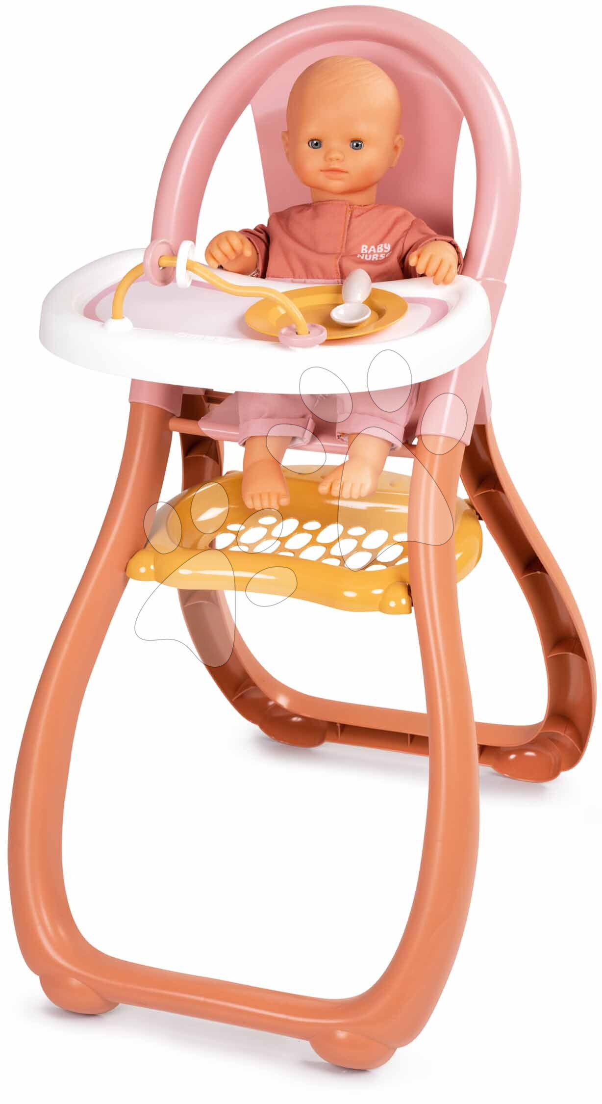 Jedálenská stolička s farebnými krúžkami Highchair Soft Baby Nurse Smoby s lyžičkou a tanierikom pre 42 cm bábiku od 18 mes