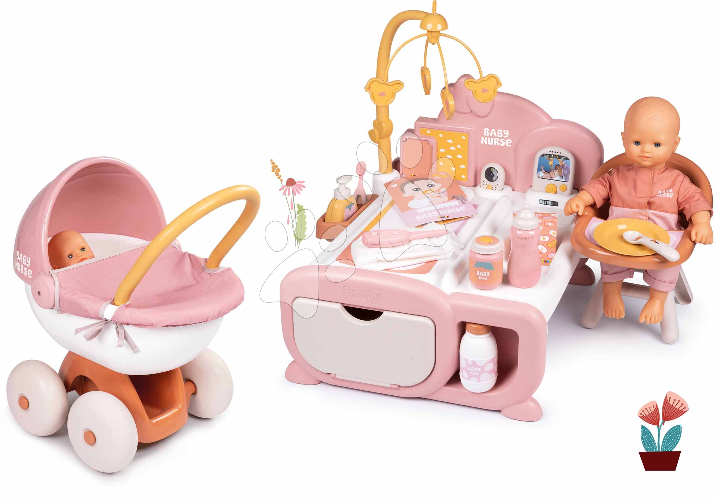 Set domeček pro panenku elektronický Cocoon Nursery Soft Baby Nurse Smoby a 32 cm panenka v hlubokém kočárku