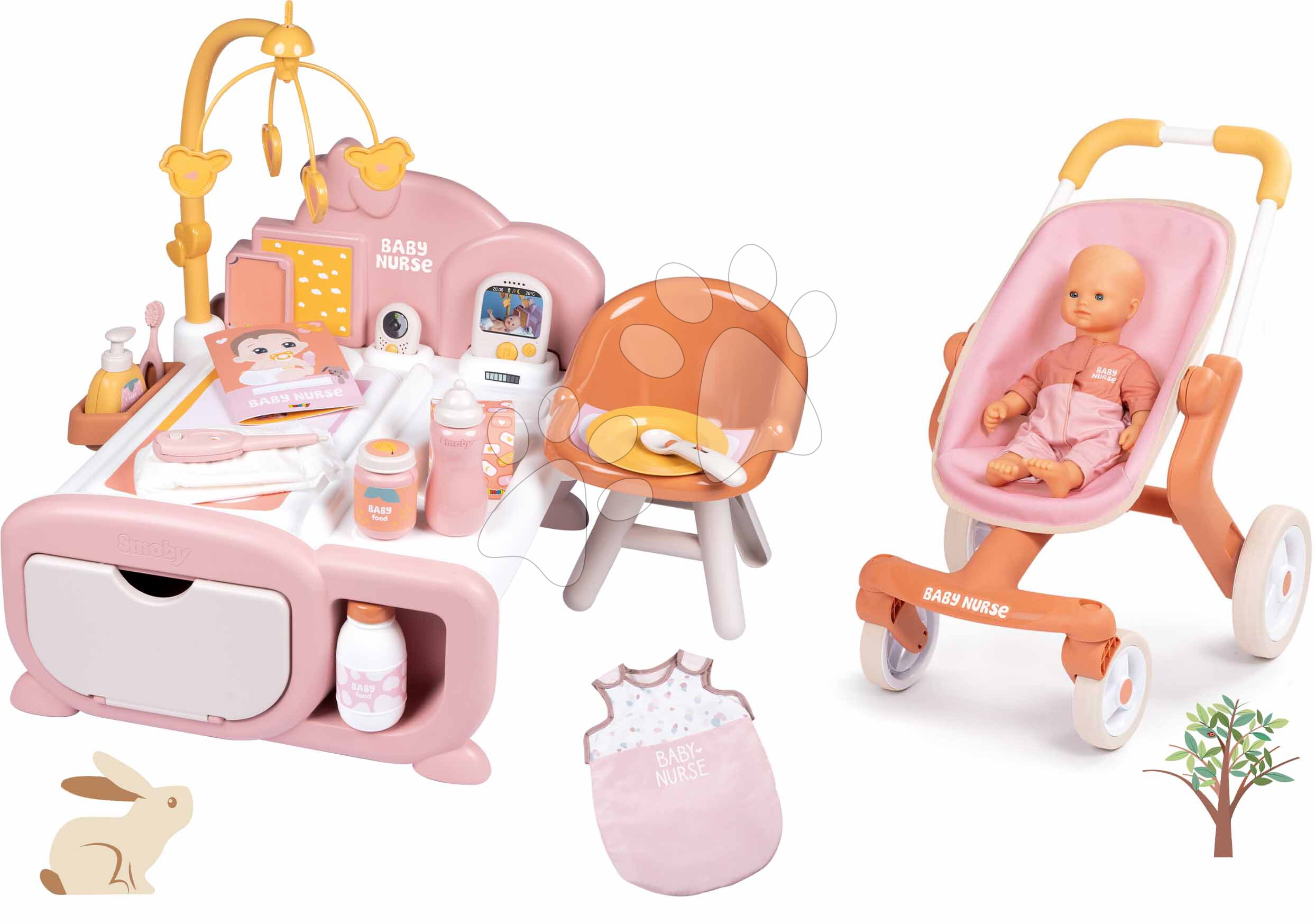 Set domeček pro panenku elektronický a sportovní kočárek Cocoon Nursery Soft Baby Nurse Smoby s panenkou 32 cm se spacím pytlem