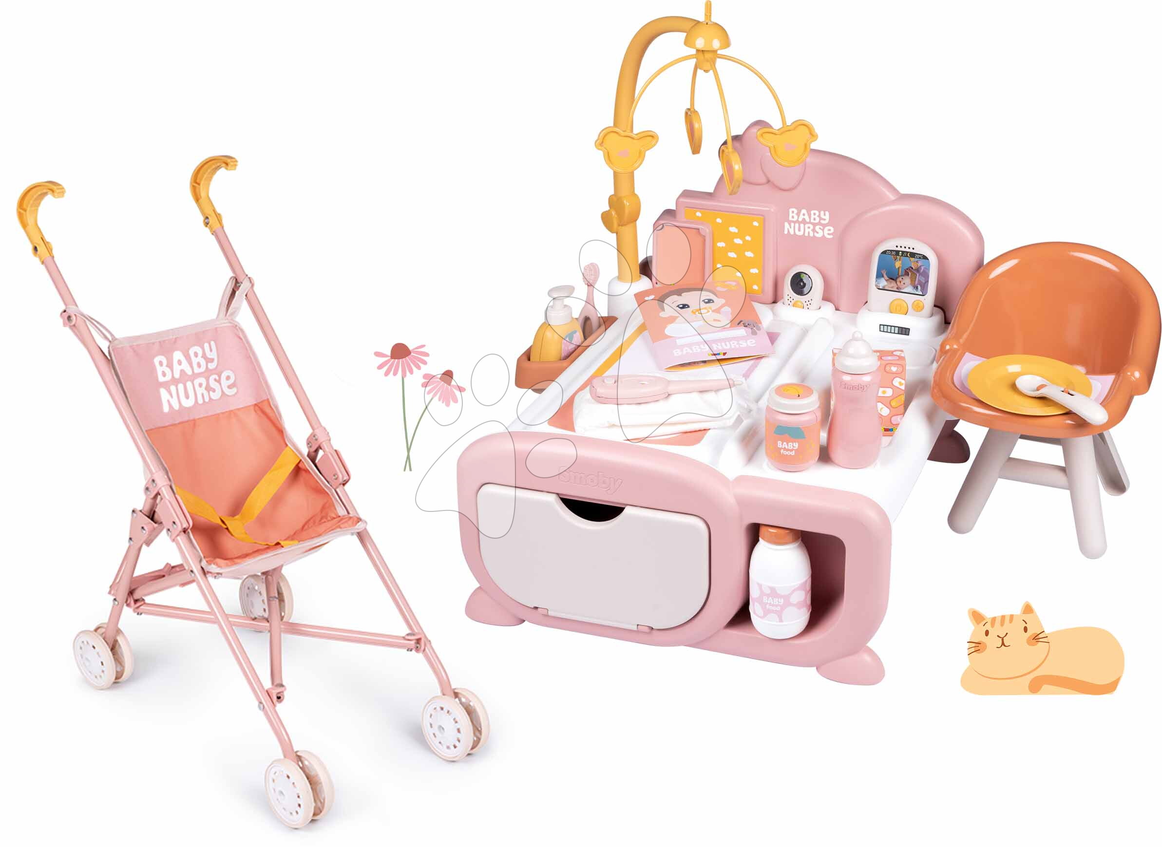 Set domeček pro panenku s denní a noční zónou Cocoon Nursery Soft Baby Nurse Smoby elektronický a skládací kočárek golfky