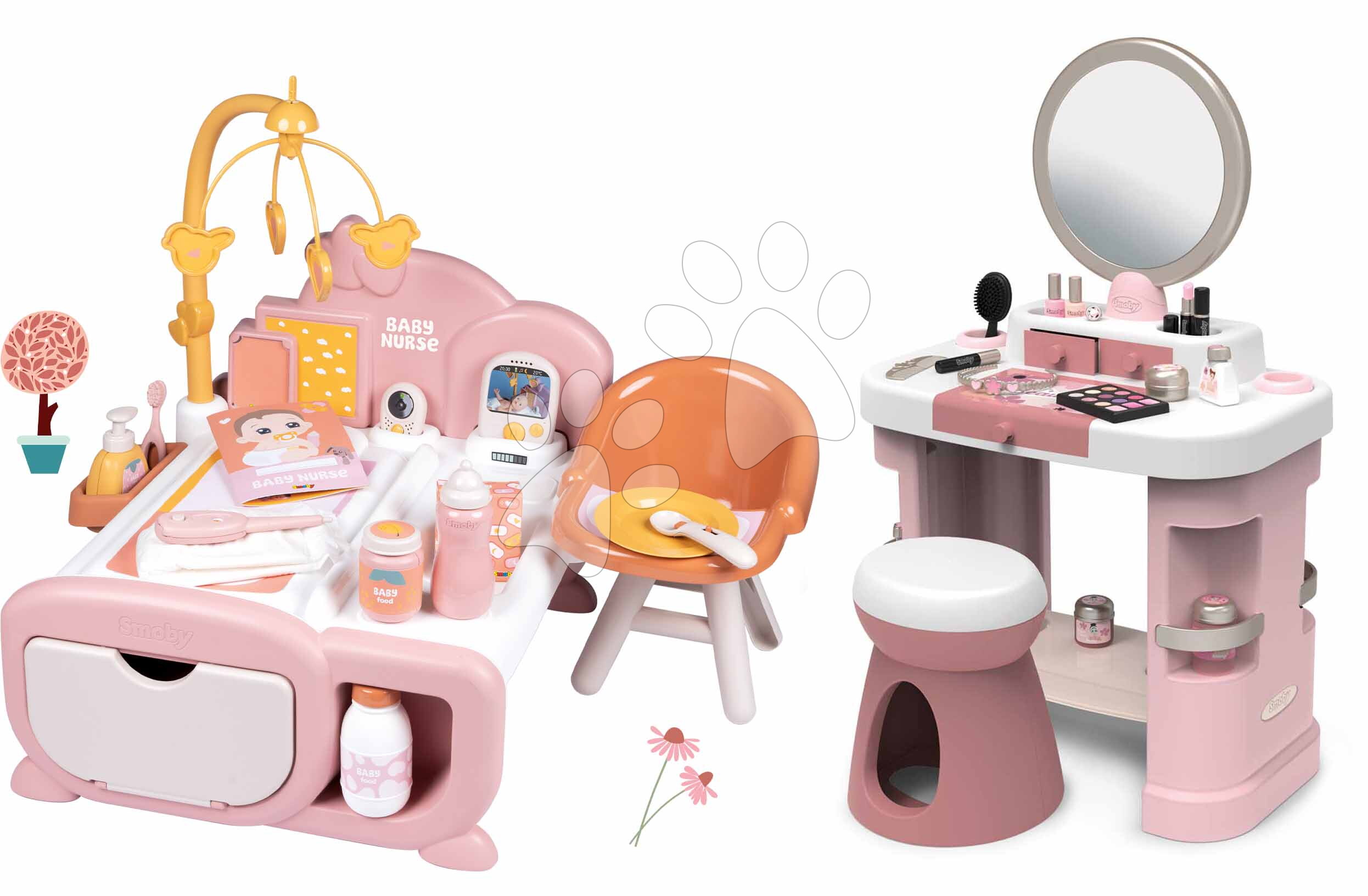 Set domeček pro panenku s kosmetickým stolkem Cocoon Nursery Soft Baby Nurse Smoby denní a noční zóna se 16 doplňky
