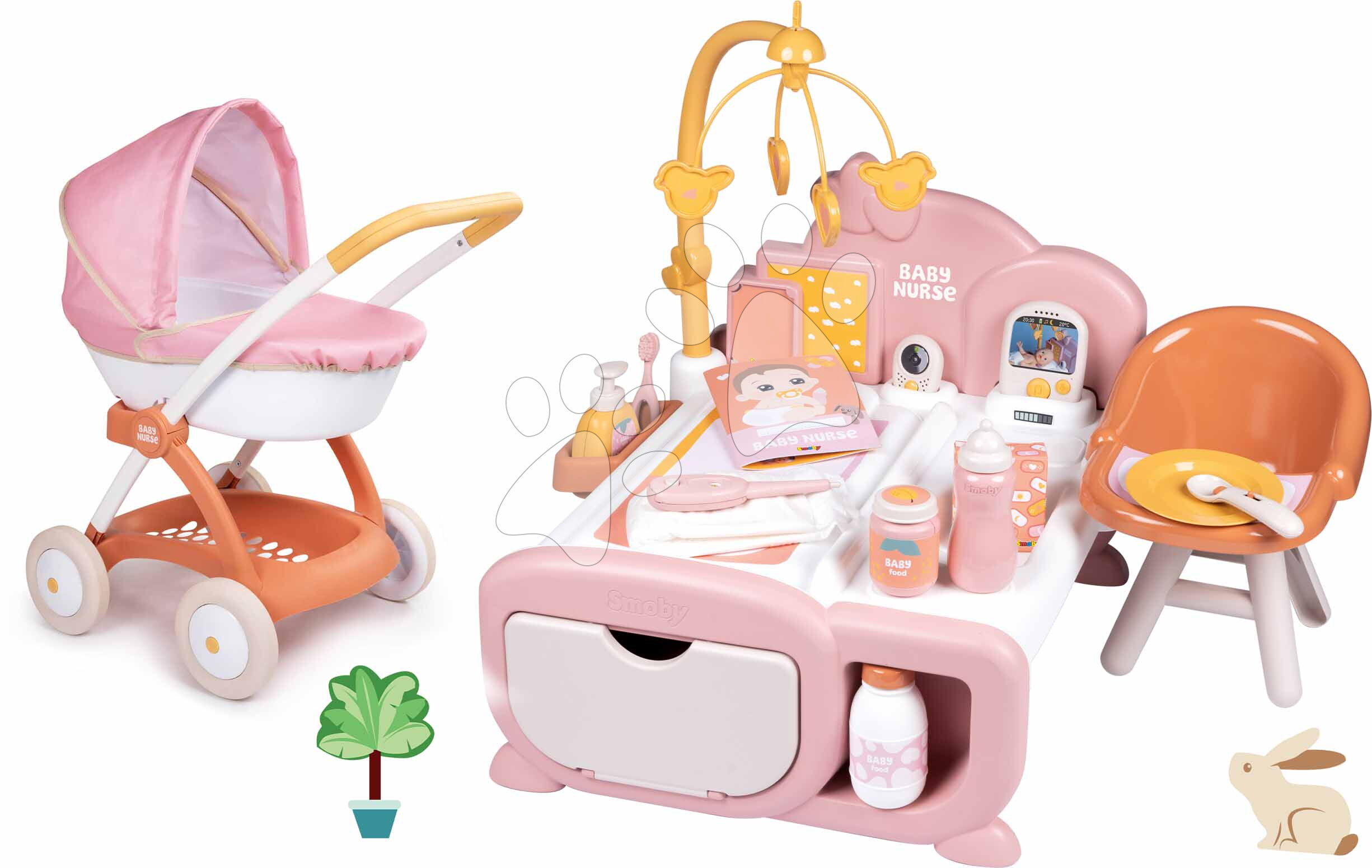 Set domeček pro panenku elektronický Cocoon Nursery Soft Baby Nurse Smoby a hluboký kočárek s textilním potahem