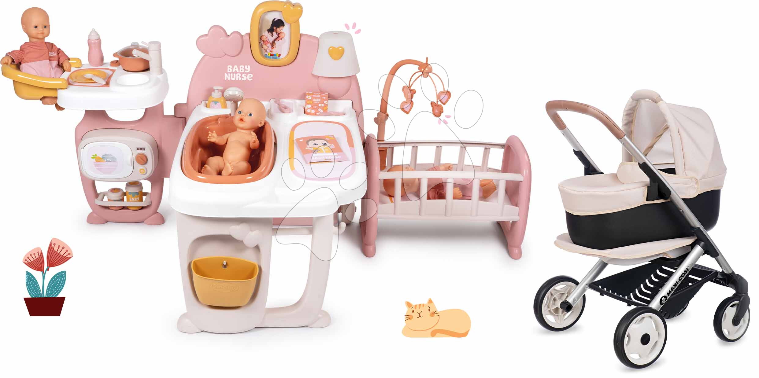 Set domček pre bábiku trojkrídlový Large Doll´s Play Center Soft Baby Nurse Smoby a kočík Maxi&Cosi hlboký športový a prenosná postieľka
