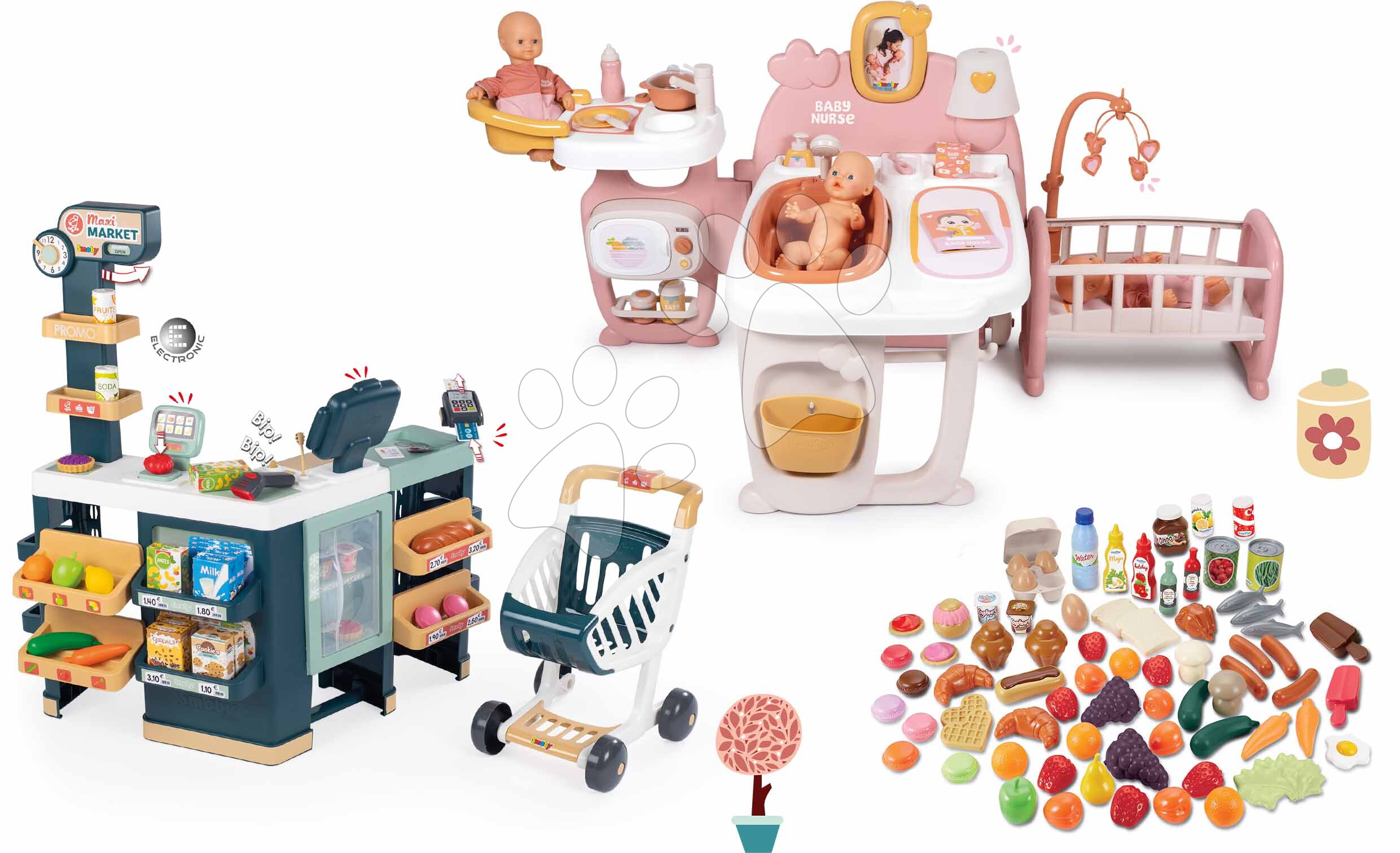 Set domeček pro panenku trojkřídlý a supermarket Large Doll´s Play Center Soft Baby Nurse Smoby se zvukem a světlem a potravinami