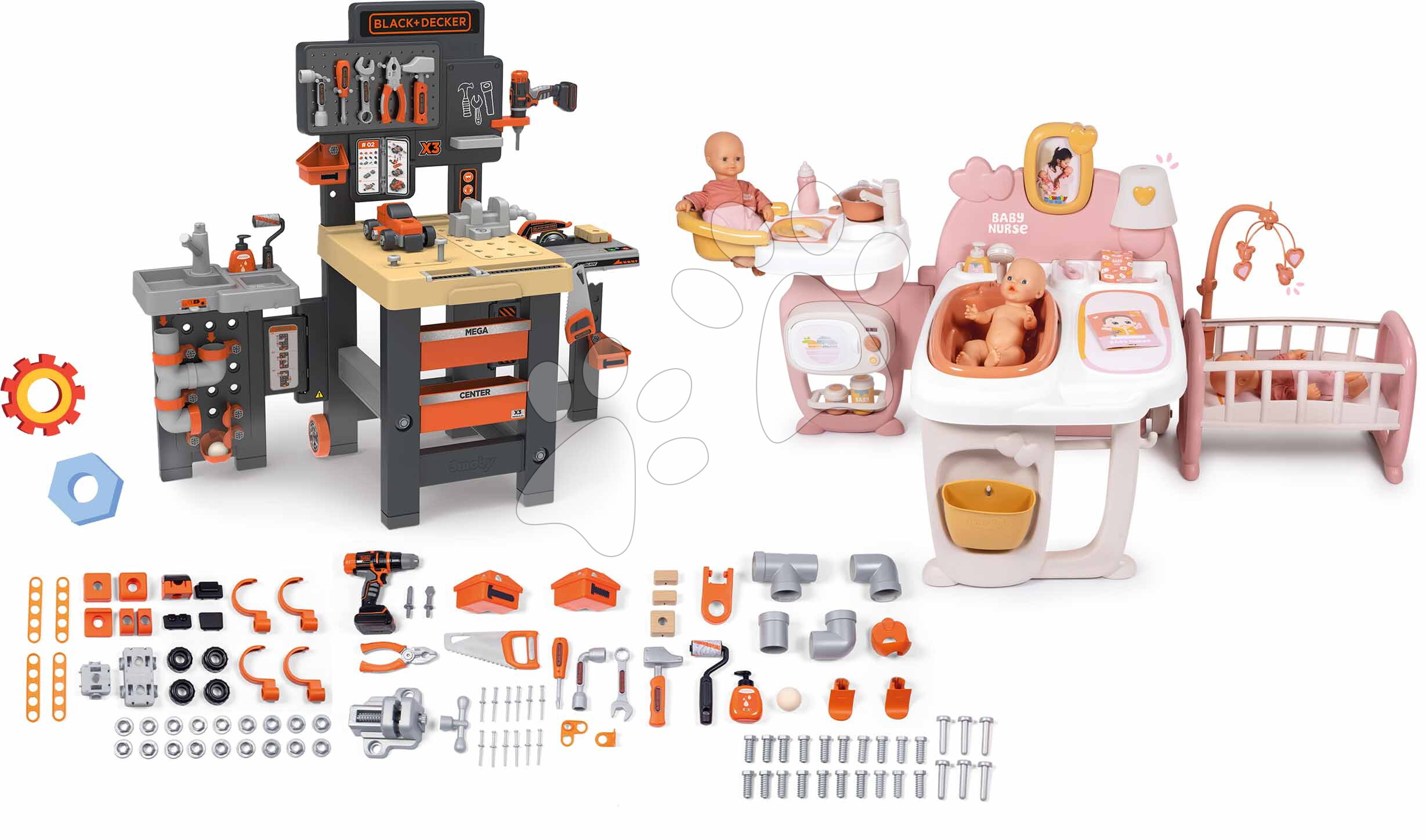 Set domeček pro panenku trojkřídlý a pracovní dílna Large Doll´s Play Center Soft Baby Nurse Smoby strojírenství instalatérství malování a tesařství