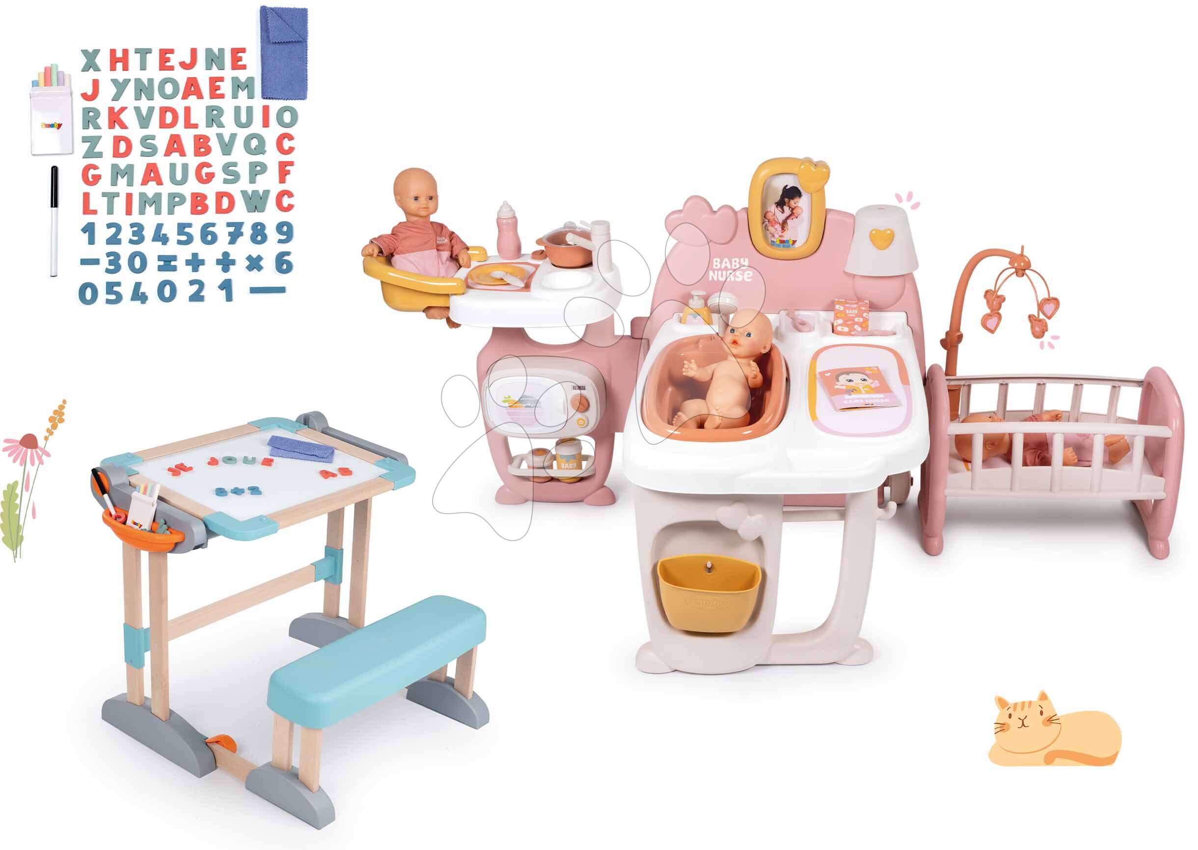 Set domeček pro panenku trojkřídlý a dřevěná lavice Large Doll´s Play Center Soft Baby Nurse Smoby na psaní a kreslení s 80 doplňky