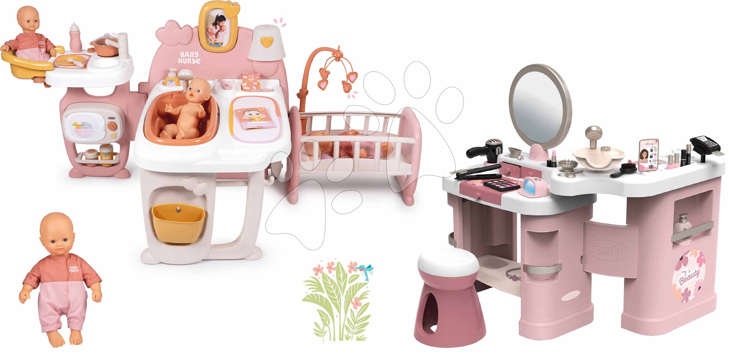 Set domeček pro panenku trojkřídlý a kosmetický stolek Large Doll´s Play Center Soft Baby Nurse Smoby s elektronickým fénem a 32 cm panenka