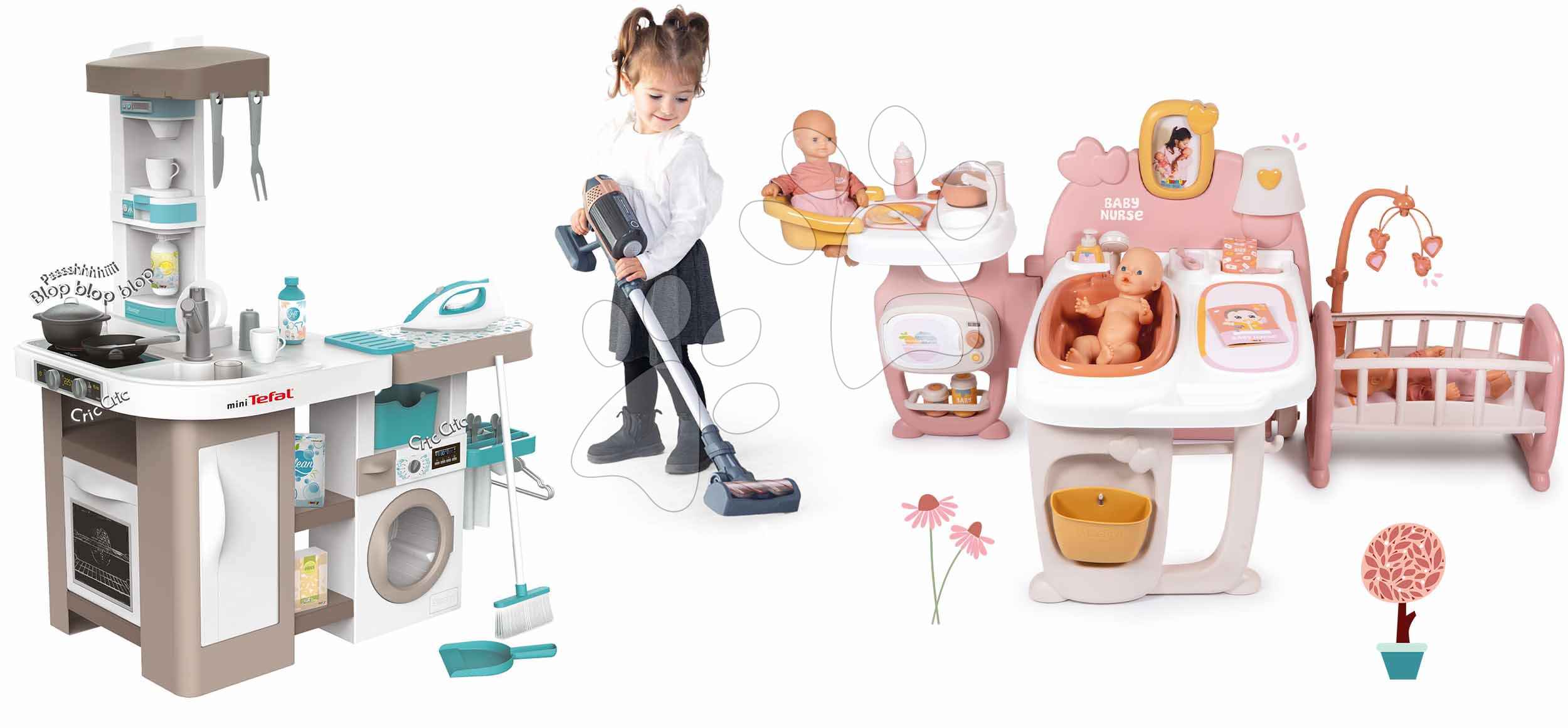 Set domeček pro panenku trojkřídlý a kuchyňka elektronická Large Doll´s Play Center Soft Baby Nurse Smoby s pračkou a tyčový vysavač se zvukem