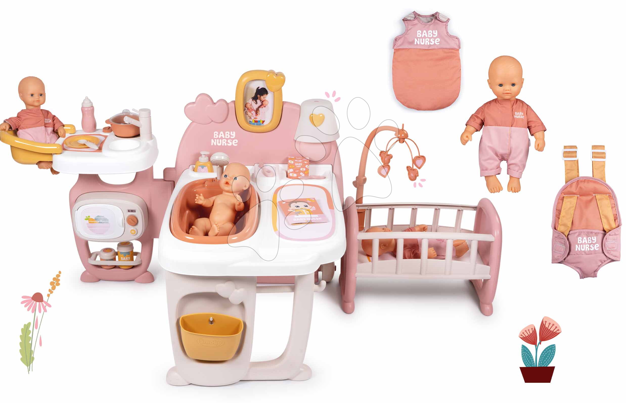 Set domeček trojkřídlý s panenkou 32 cm v dupačkách Large Doll´s Play Center Soft Baby Nurse Smoby a spací pytel s klokankou