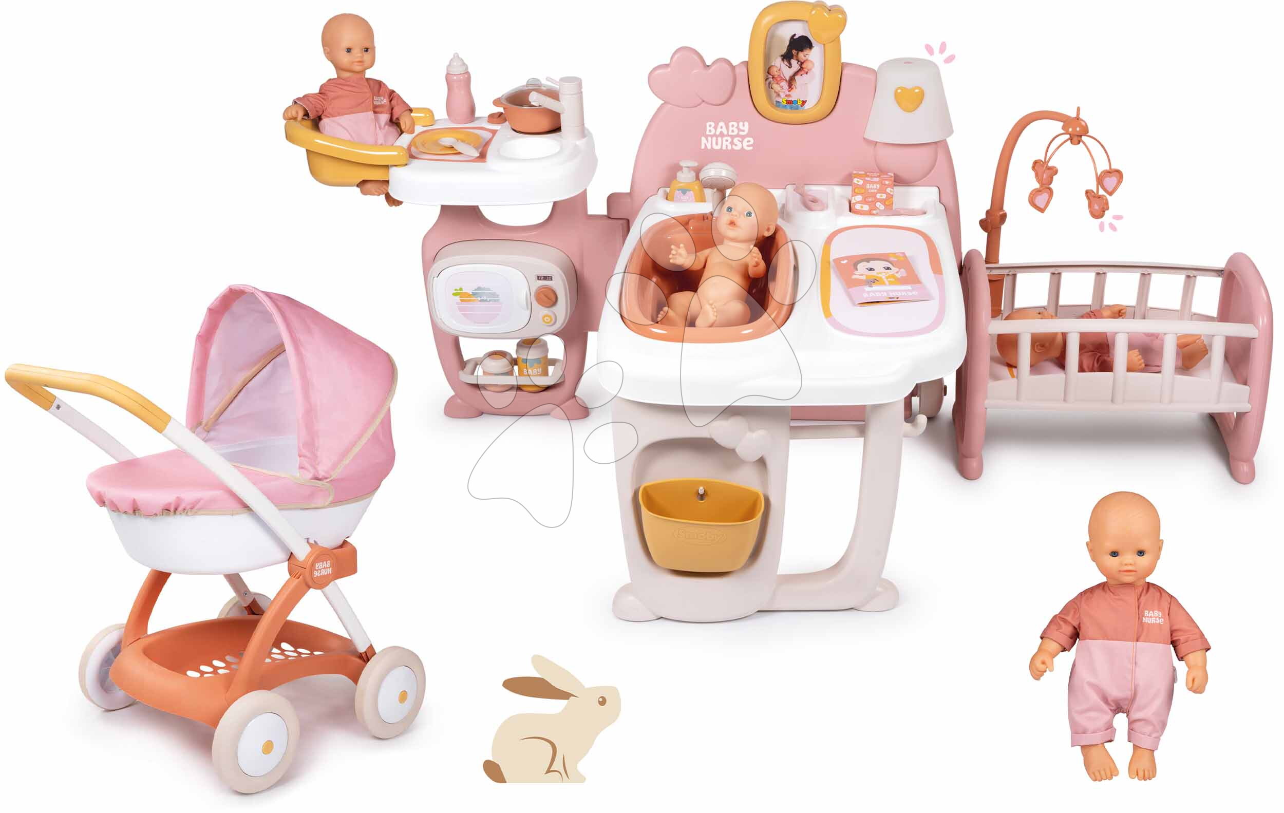 Set domeček pro panenku trojkřídlý a hluboký kočárek Large Doll´s Play Center Soft Baby Nurse Smoby a panenka 32 cm v dupačkách