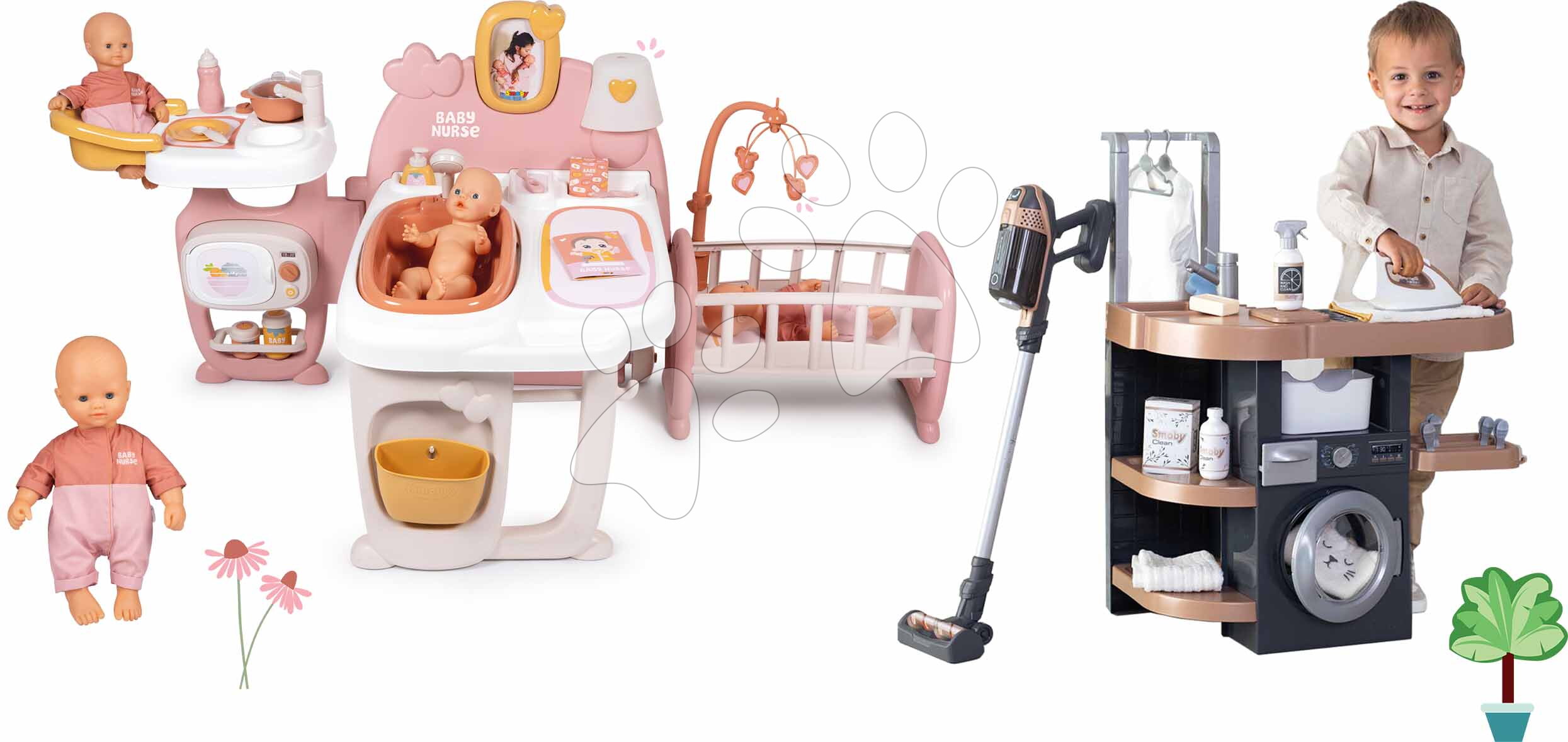 Set domeček pro panenku trojkřídlý a úklidový koutek Large Doll´s Play Center Soft Baby Nurse Smoby s pračkou vysavačem a 32 cm panenka
