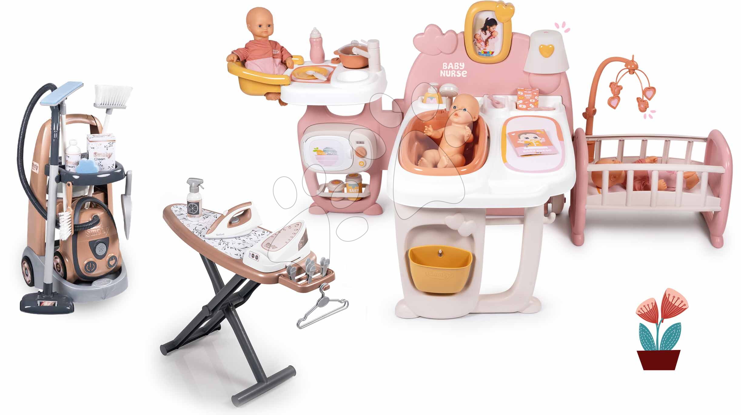 Set domeček pro panenku trojkřídlý a úklidový vozík Large Doll´s Play Center Soft Baby Nurse Smoby s elektronickým vysavačem a žehlící soupravou