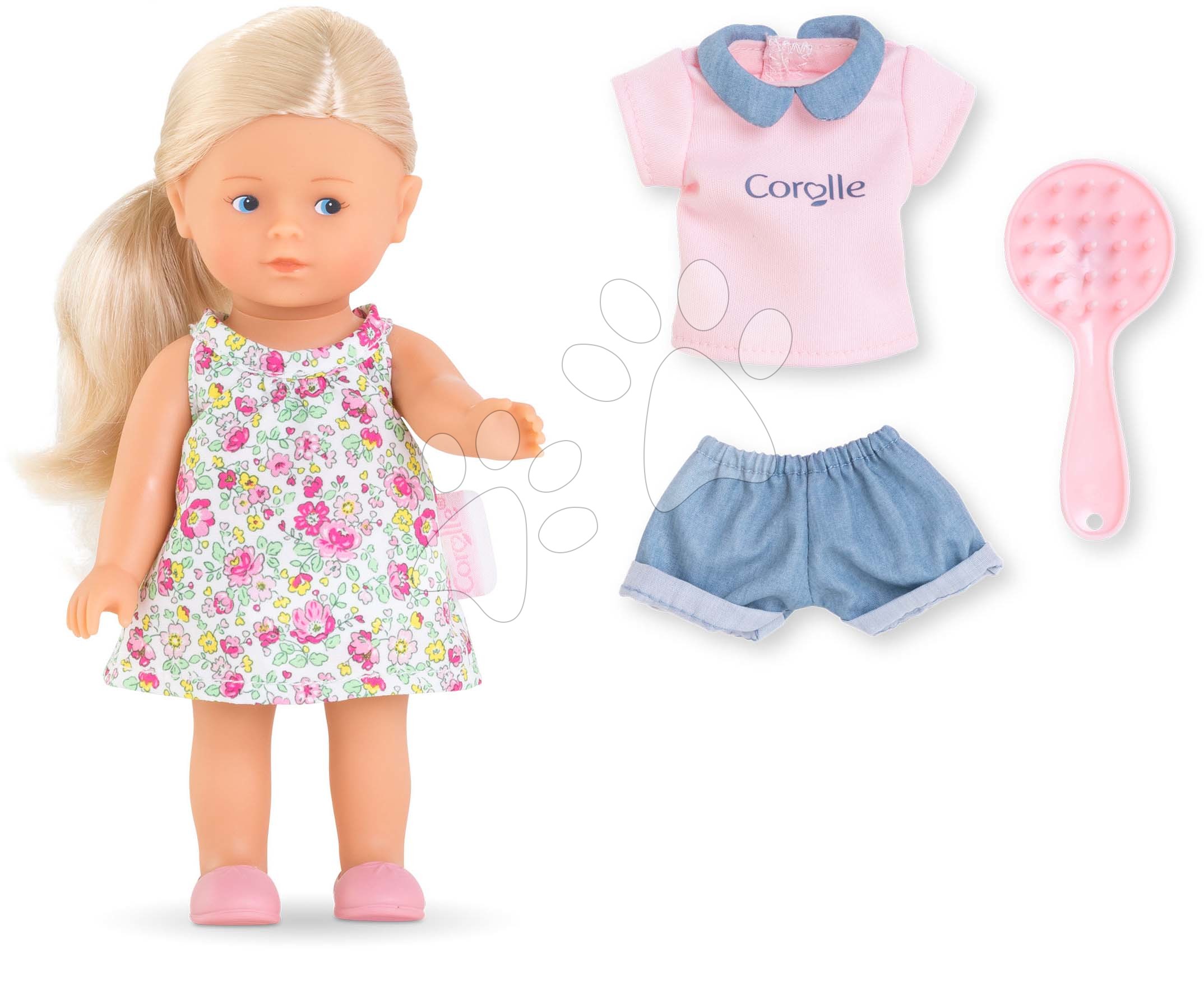 Panenka Rosy Mini World Set Mini Corolline Corolle blond vlasy a modré oči s oblečením 3 doplňky 20 cm