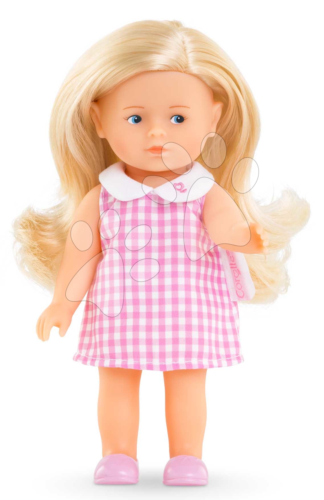 Bábika Mini Corolline Rosy Corolle dlhé blond vlasy s modrými očami a ružové šaty 20 cm