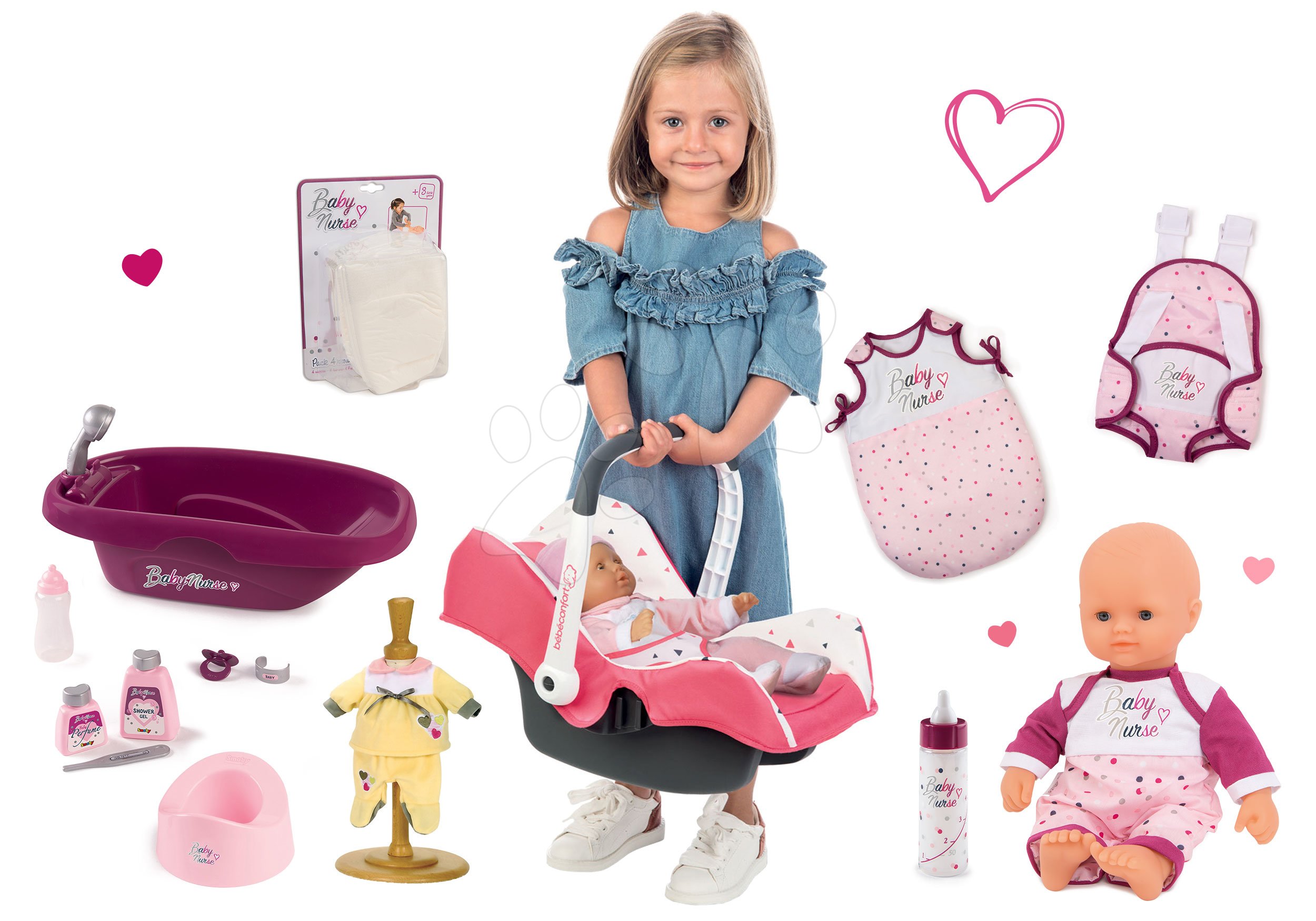 Set autosedačka Trio Pastel Maxi Cosi&Quinny Smoby a bábika a šatôčky Baby Nurse s klokankou vaničkou spacím vakom s fľaškou s pamperskami