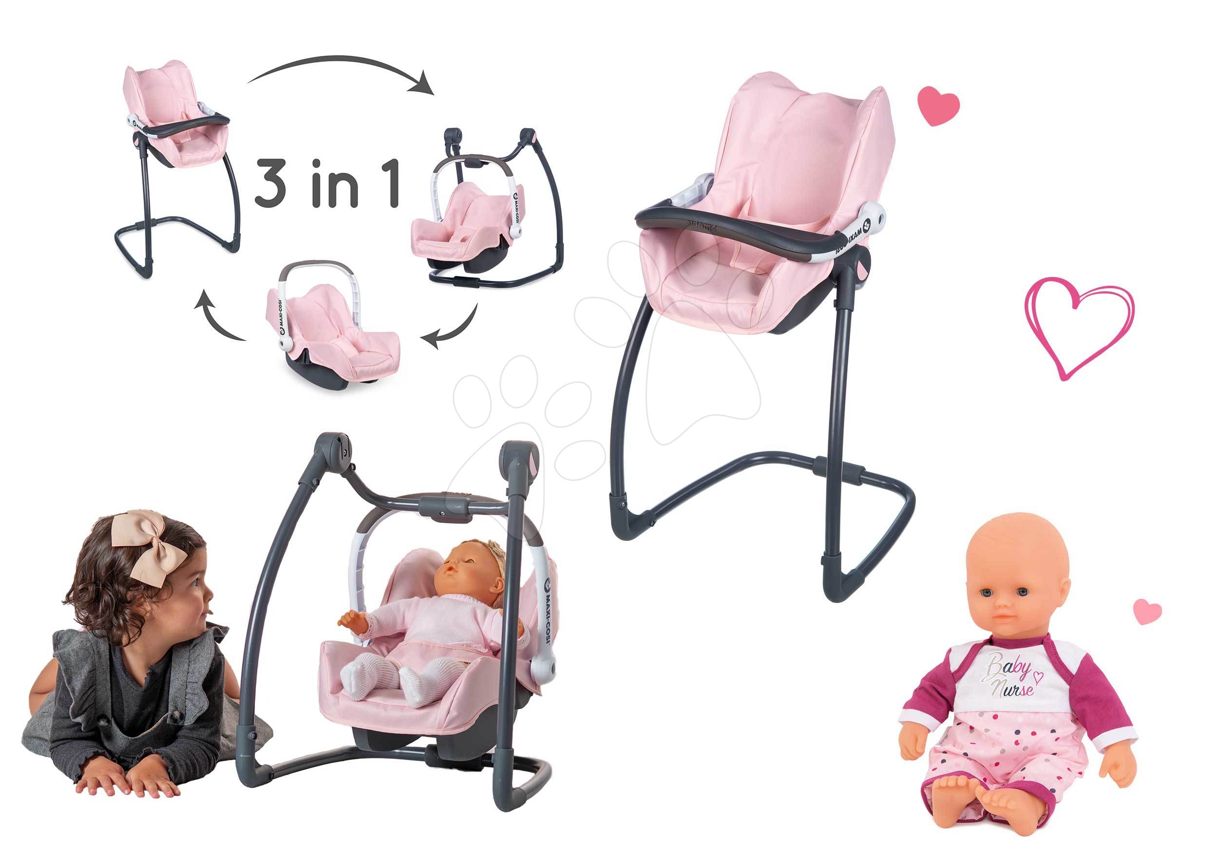 Kočíky pre bábiky sety - Set jedálenská stolička s autosedačkou a hojdačkou Powder Pink Maxi Cosi&Quinny Smoby a bábika Violette Baby Nurse