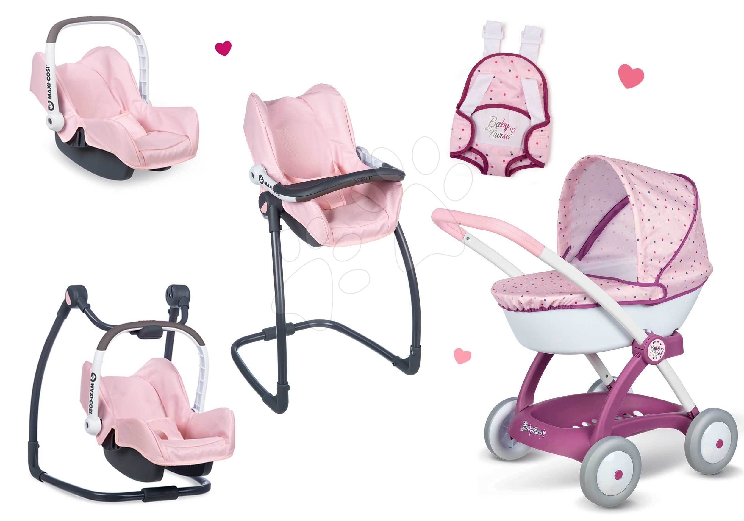 Cărucioare de la 18 luni - Set scaun de masă cu scaun auto și leagăn Powder Pink Maxi Cosi&Quinny Smoby și cărucior adânc Baby Nurse cu marsupiu