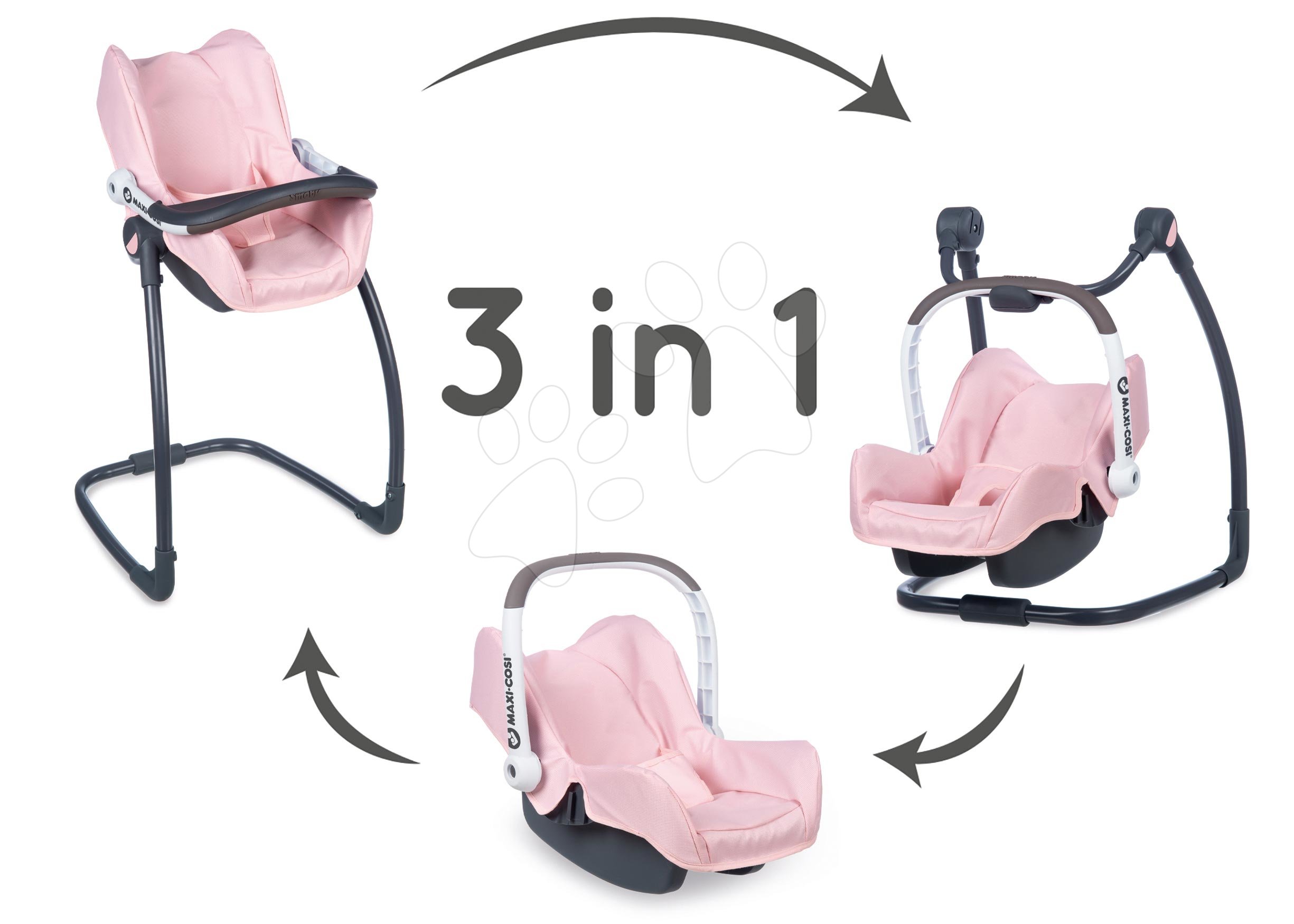 Etetőszék autósülés és hinta Powder Pink Maxi Cosi&Quinny Smoby 3-as kombináció biztonságiövvel