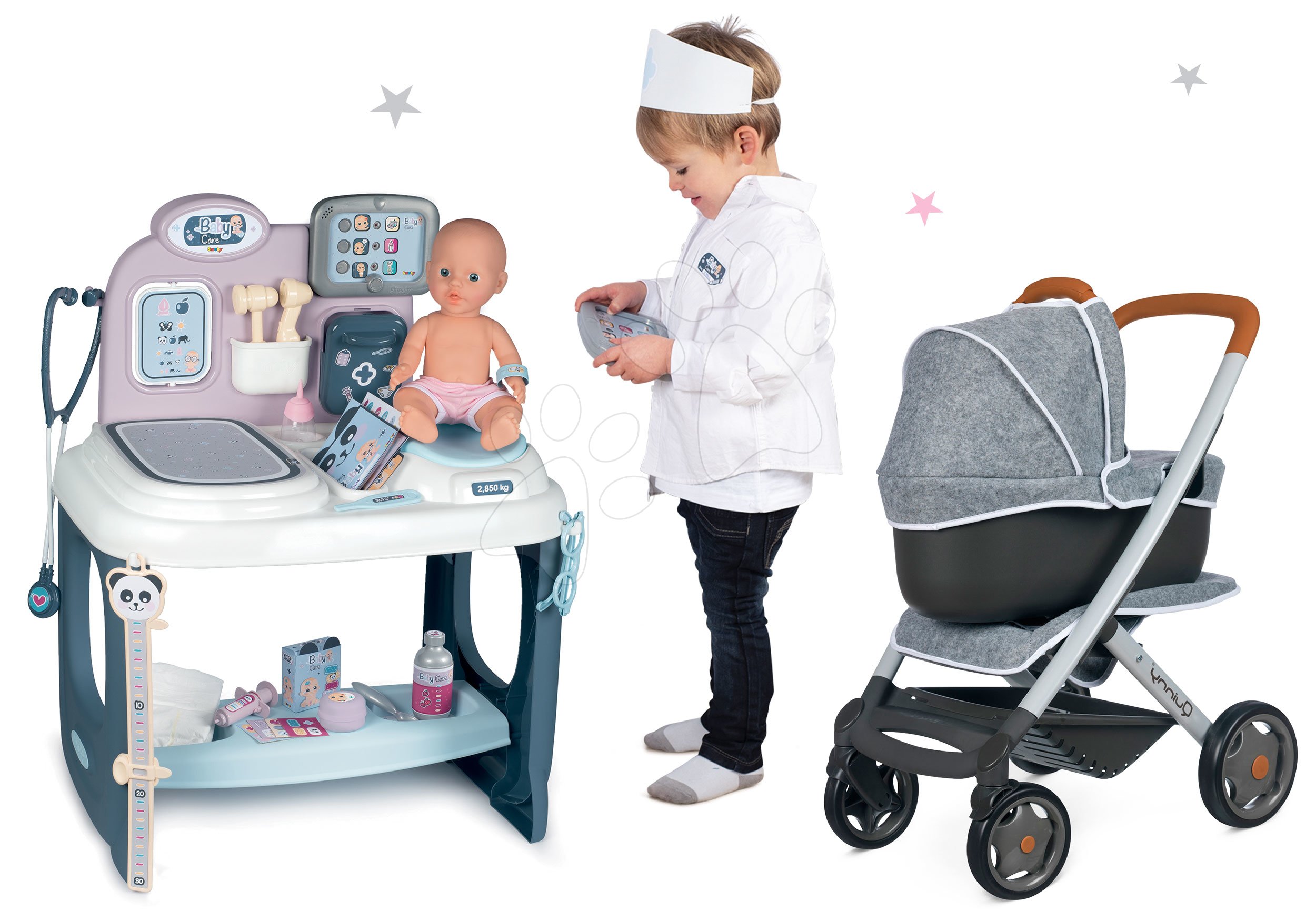 Zdravniški vozički za otroke - Komplet zdravniška mizica Baby Care Center Smoby z vozičkom trikombinacija špornega in globokega DeLuxe Maxi Cosi Grey
