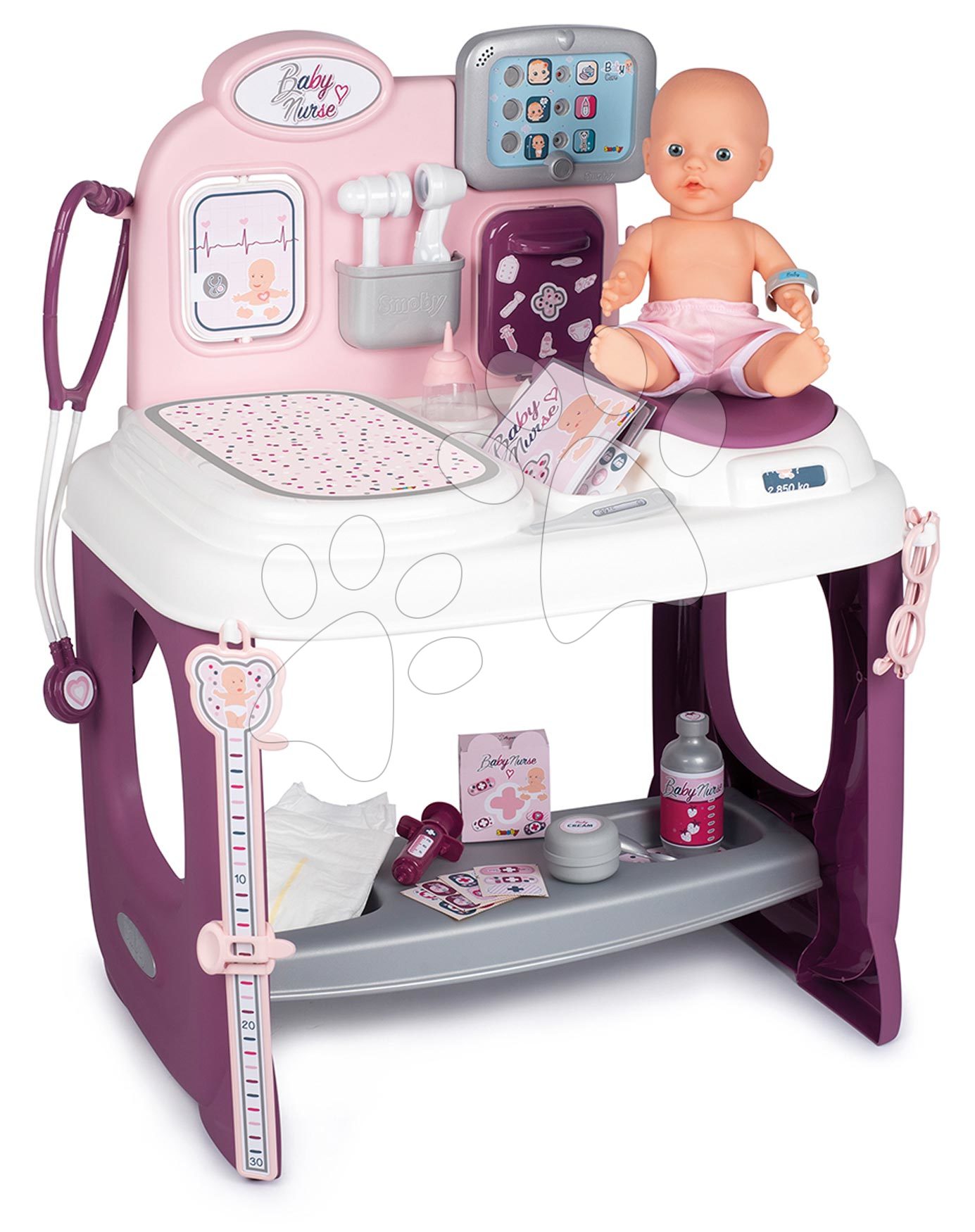 Zdravniški vozički za otroke - Zdravniška in previjalna miza Violette Baby Care Center Smoby z elektronskim zaslonom in 30 cm dojenček z 25 dodatki višina 68 cm