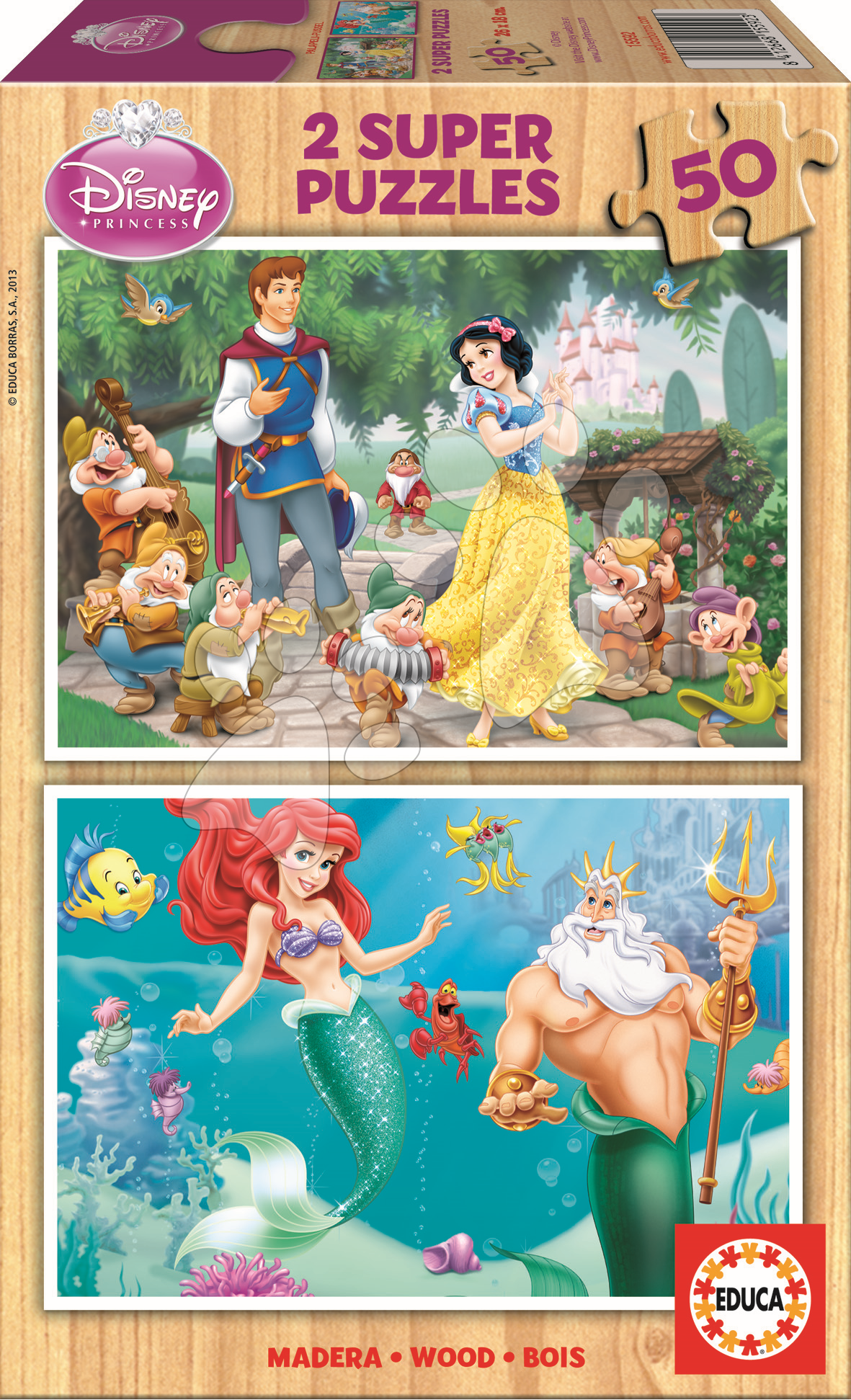 Drevené Disney puzzle - Drevené puzzle Snehulienka a Ariel Educa 2x 50 dielov od 5 rokov