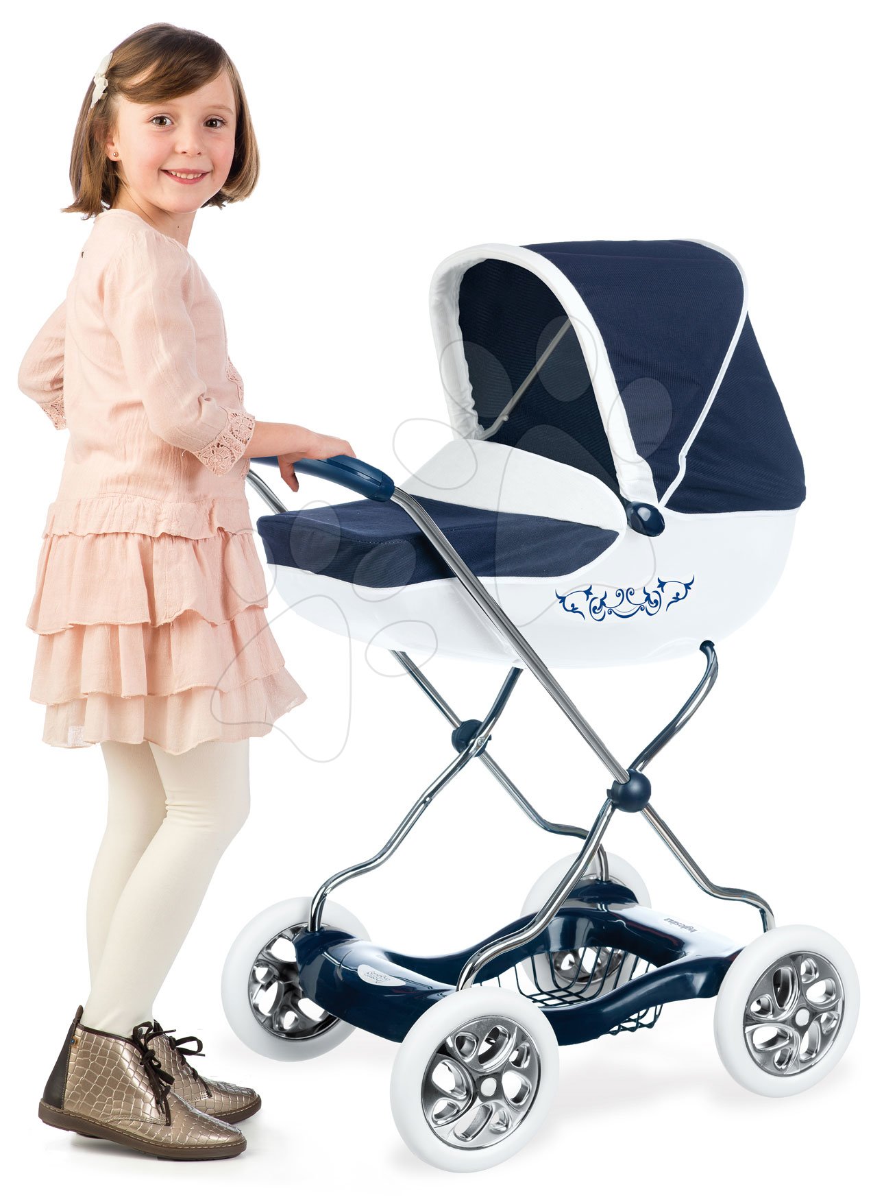 Kočík hlboký veľký Shara Inglesina White&Blue Baby Nurse Smoby modrý pre 42 cm bábiku výška rúčky 77 cm