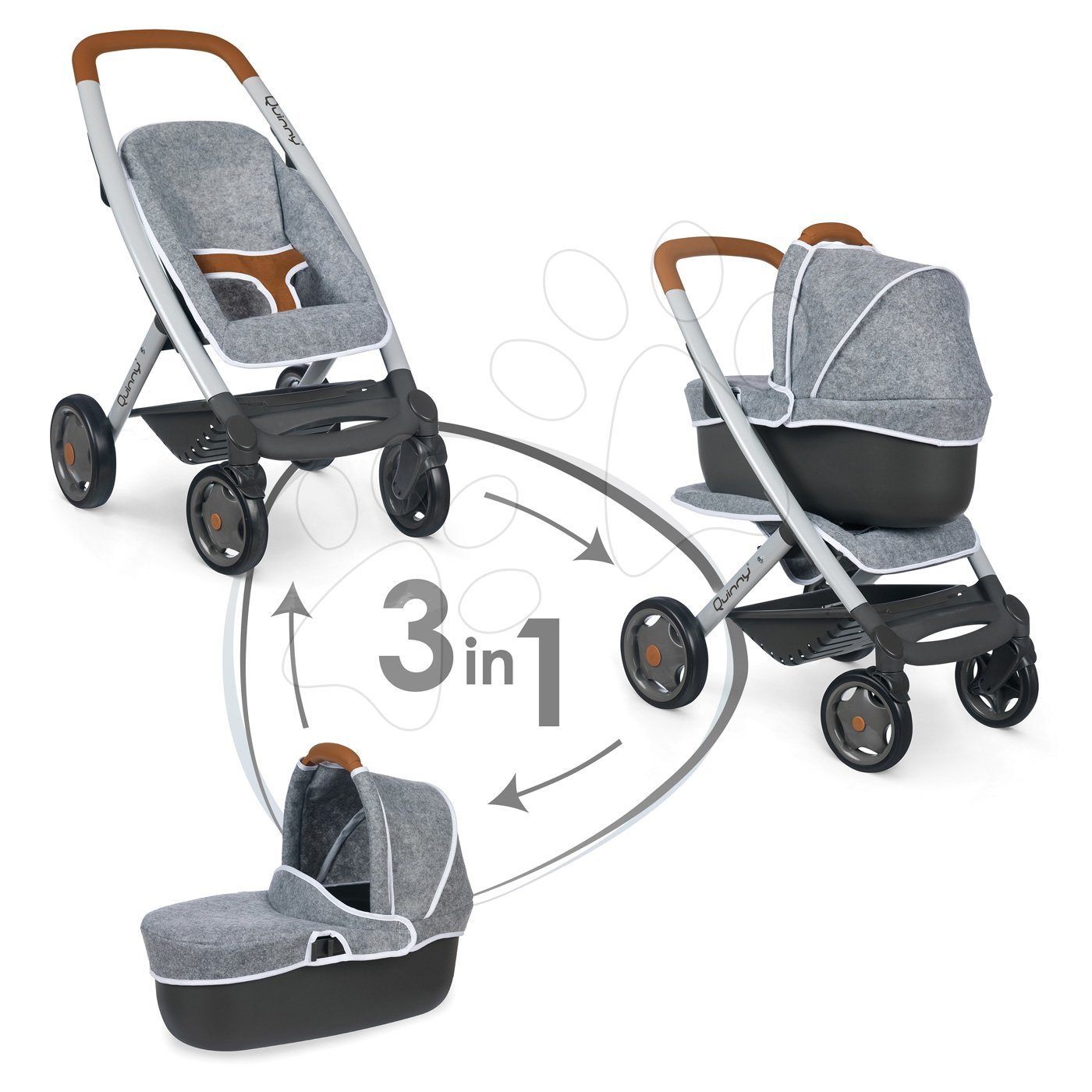 Mély és sport babakocsi DeLuxe Maxi Cosi&Quinny Grey Smoby 3in1 mózeskosárral játékbabának szürke