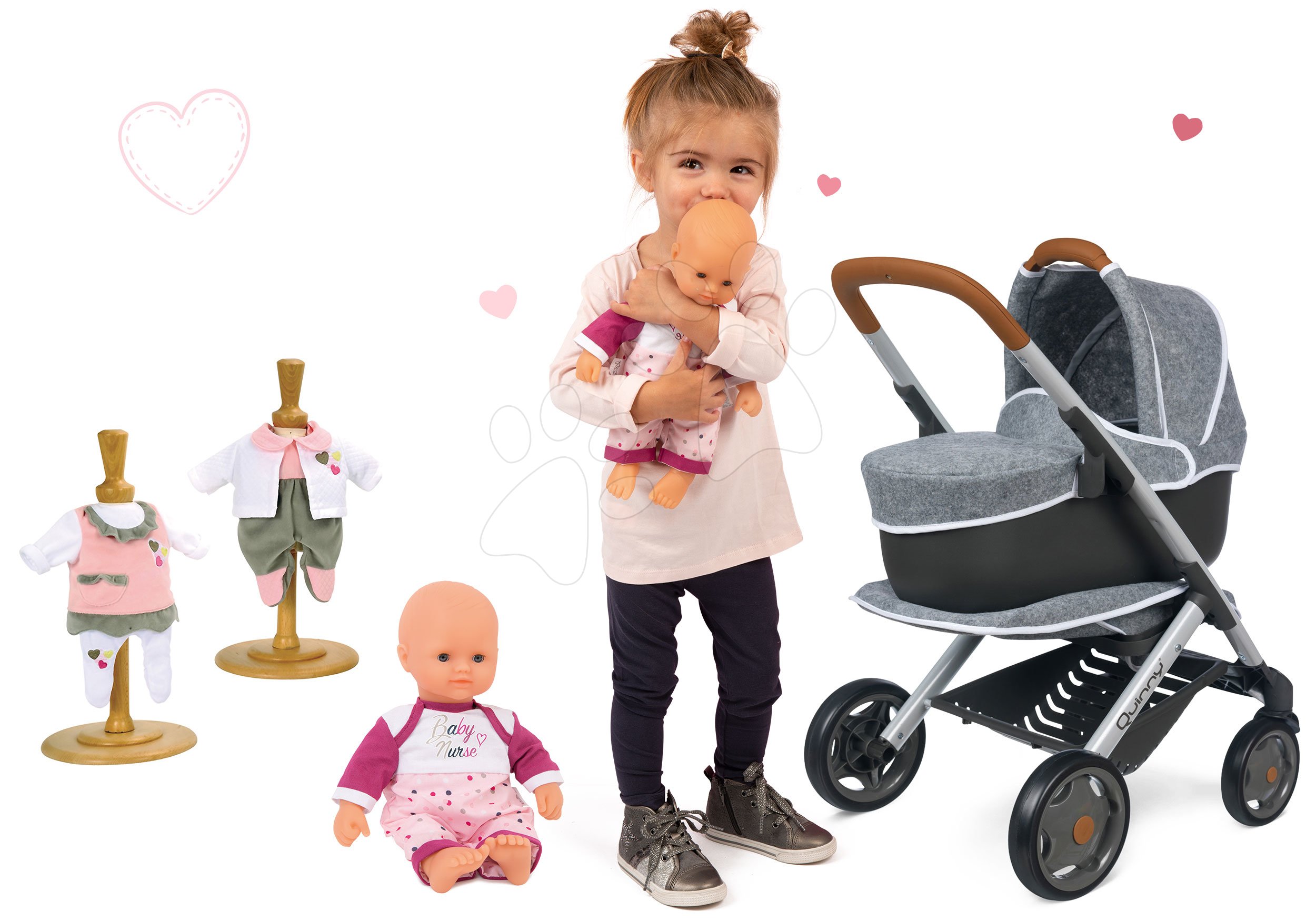 Set kočík hlboký a športový DeLuxe Pastel Maxi Cosi&Quinny Grey 3v1 Smoby a s bábikou Violette Baby Nurse a 2 šatôčky
