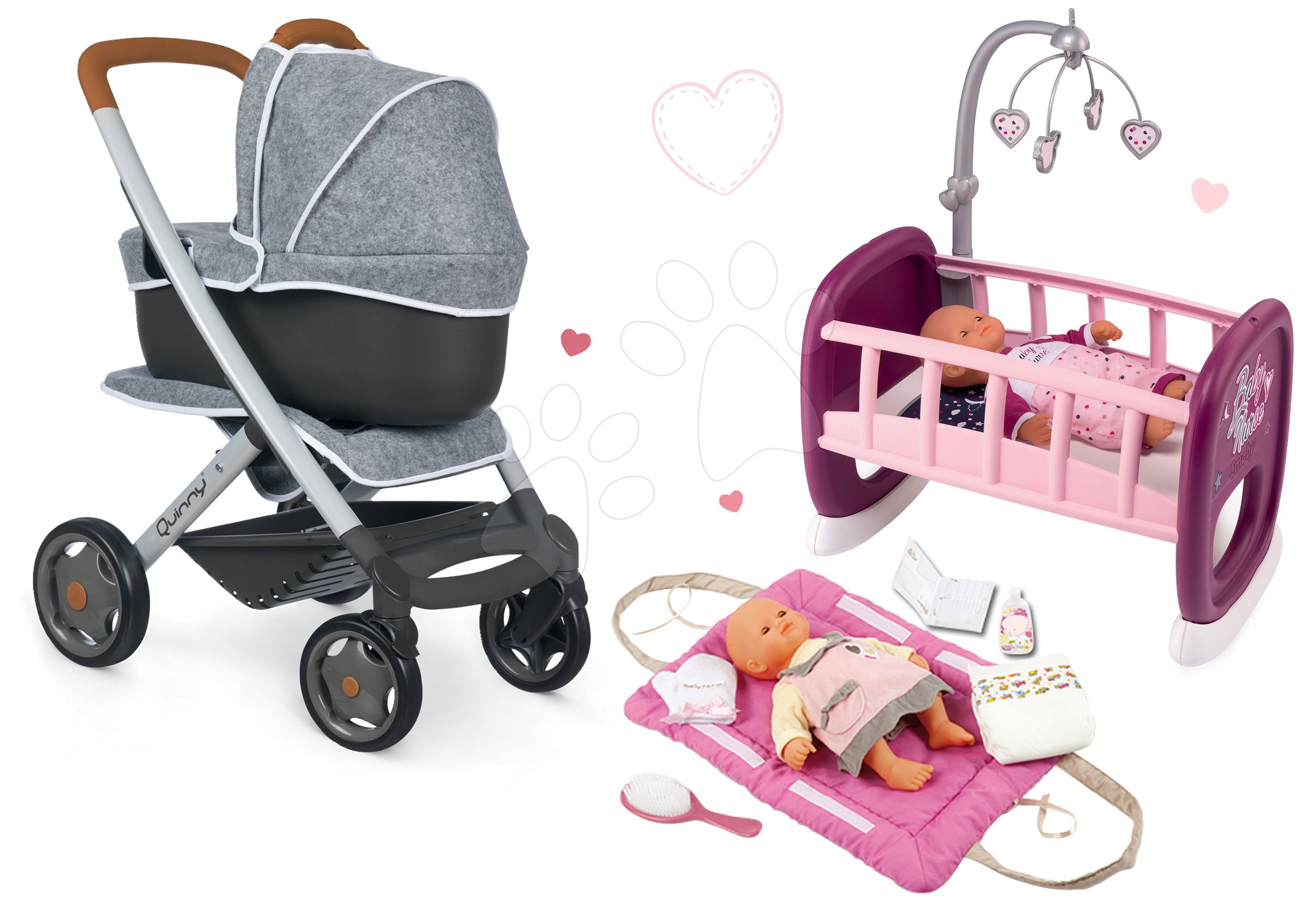 Set kočík hlboký a športový DeLuxe Pastel Maxi Cosi&Quinny Grey 3v1 Smoby a kolíska Baby Nurse s prebaľovacou podložkou