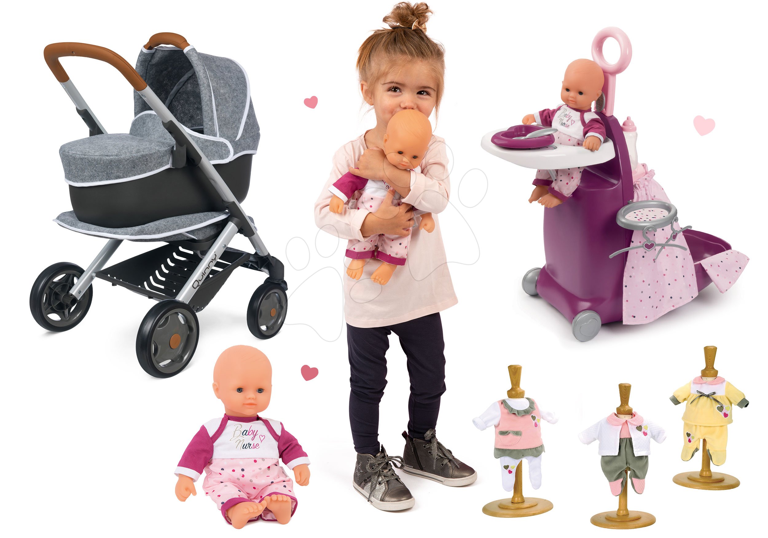 Set kočík hlboký a športový DeLuxe Pastel Maxi Cosi&Quinny Grey 3v1 Smoby a bábika Violette s troma šatočkami a opatrovateľské centrum