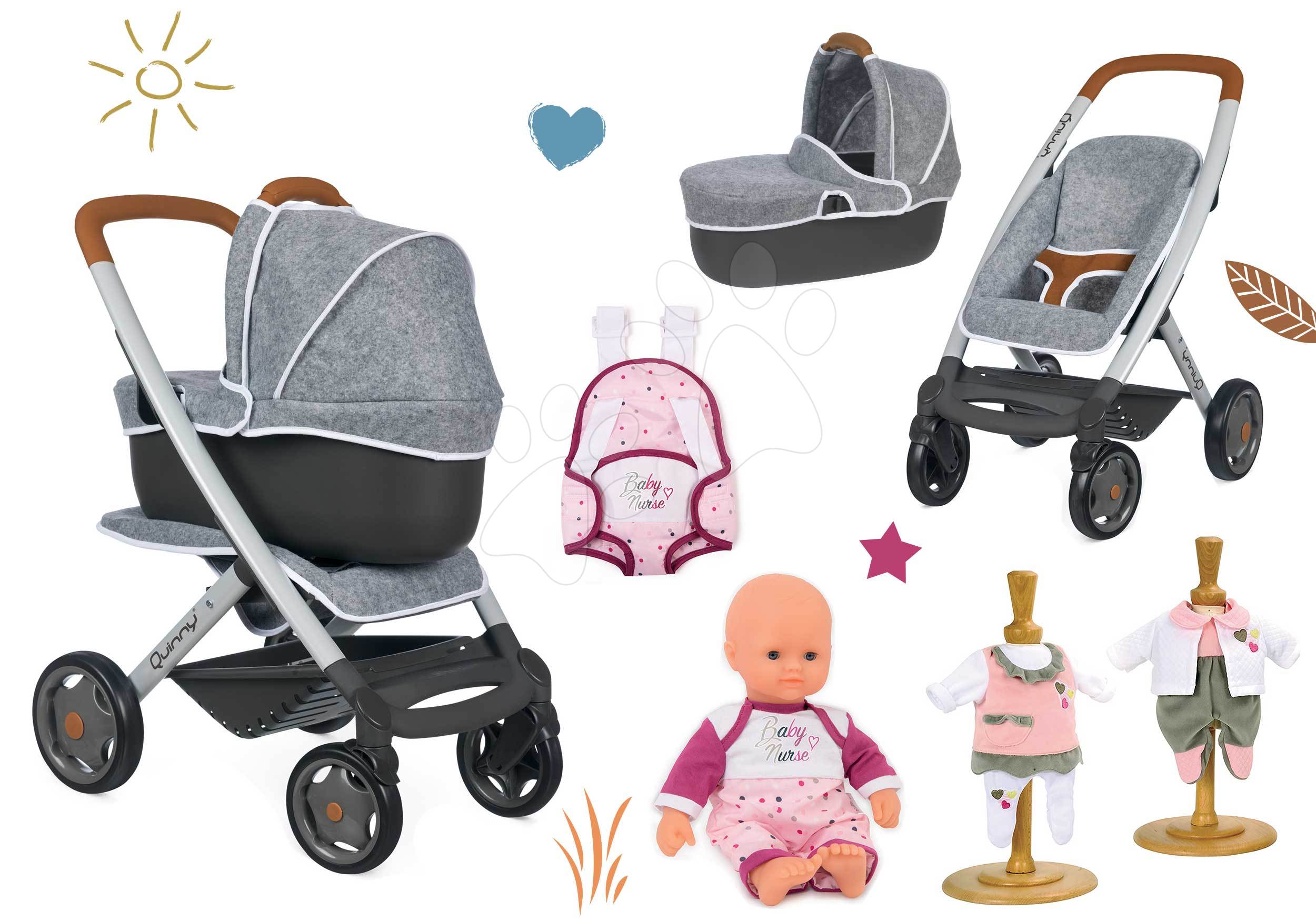 Set kočík hlboký a športový DeLuxe Pastel Maxi Cosi&Quinny Grey 3v1 Smoby a stolička autosedačka a hojdačka s bábikou s nosičom a 2 šaty