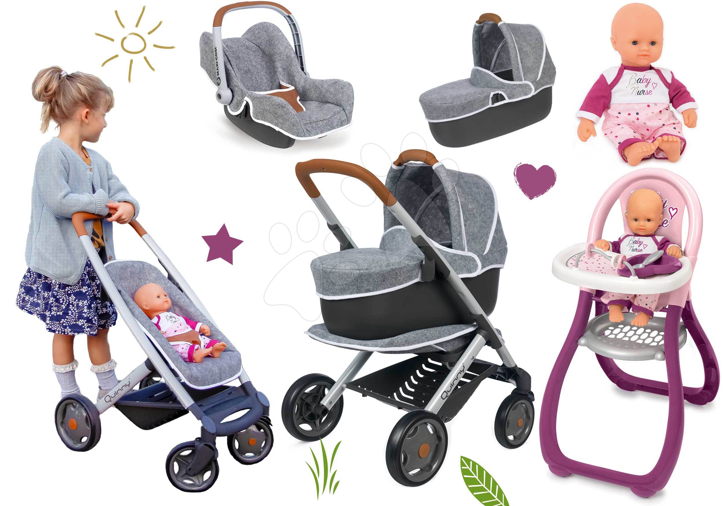 Set kočík hlboký a športový DeLuxe Pastel Maxi Cosi&Quinny Grey 3v1 Smoby a autosedačka a jedálenská stolička s bábikou Violette