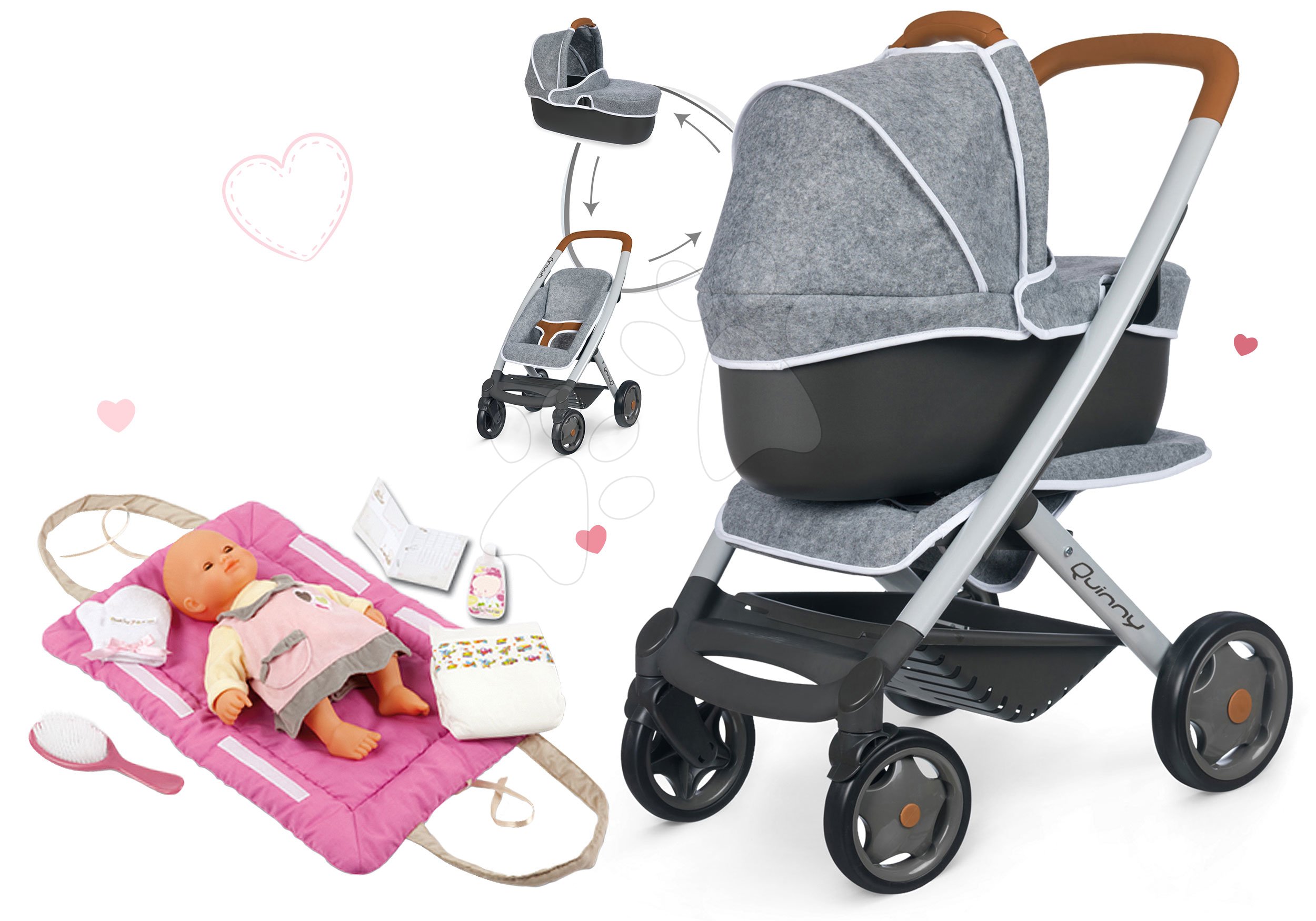 Set kočík hlboký a športový DeLuxe Pastel Maxi Cosi&Quinny Grey 3v1 Smoby a prebaľovacia podložka Baby Nurse s doplnkami pre 42 cm bábiku