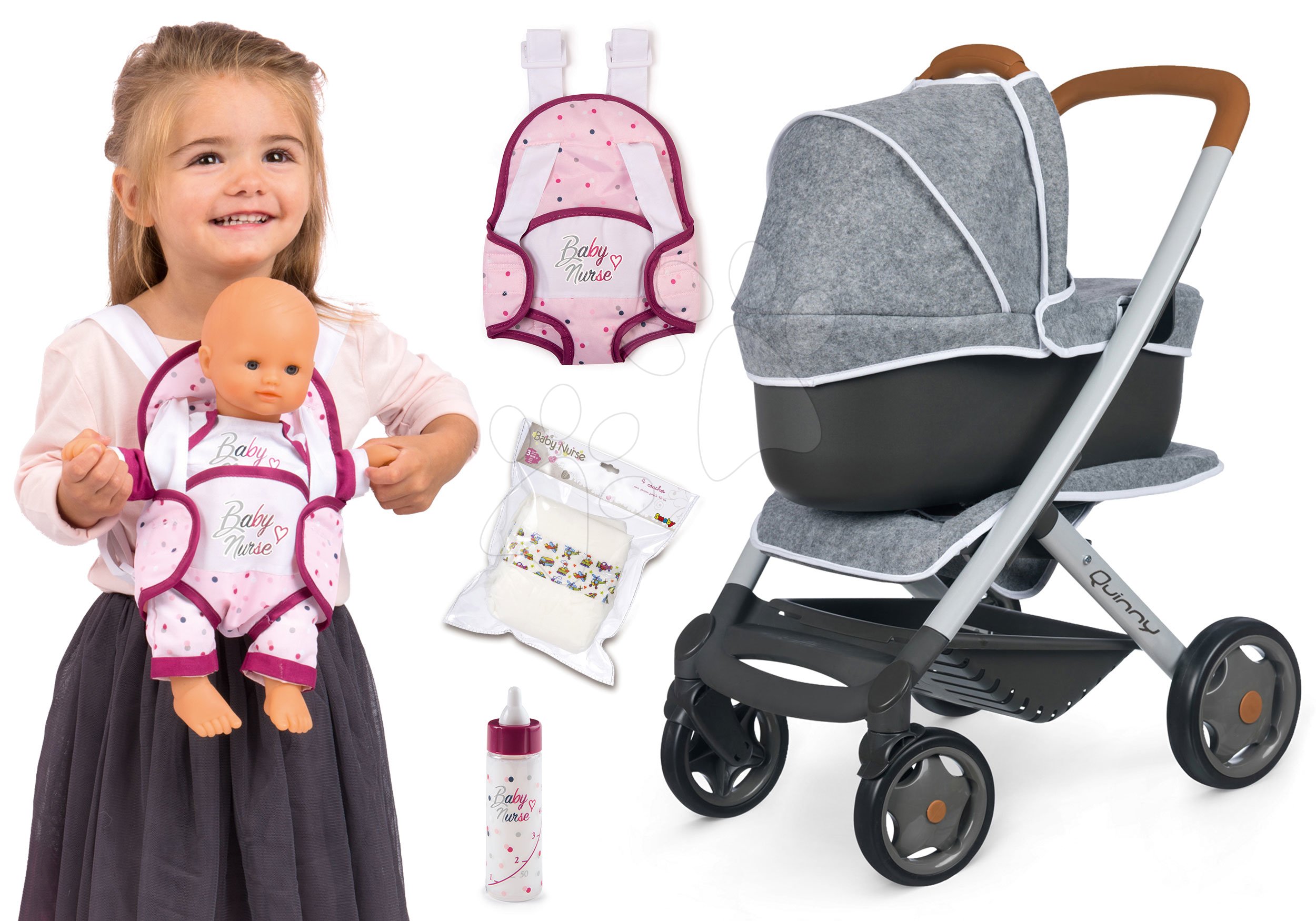 Set kočík hlboký a športový DeLuxe Pastel Maxi Cosi&Quinny Grey 3v1 Smoby a ergonomický nosič s pamperskami a fľaška s mliekom Baby Nurse