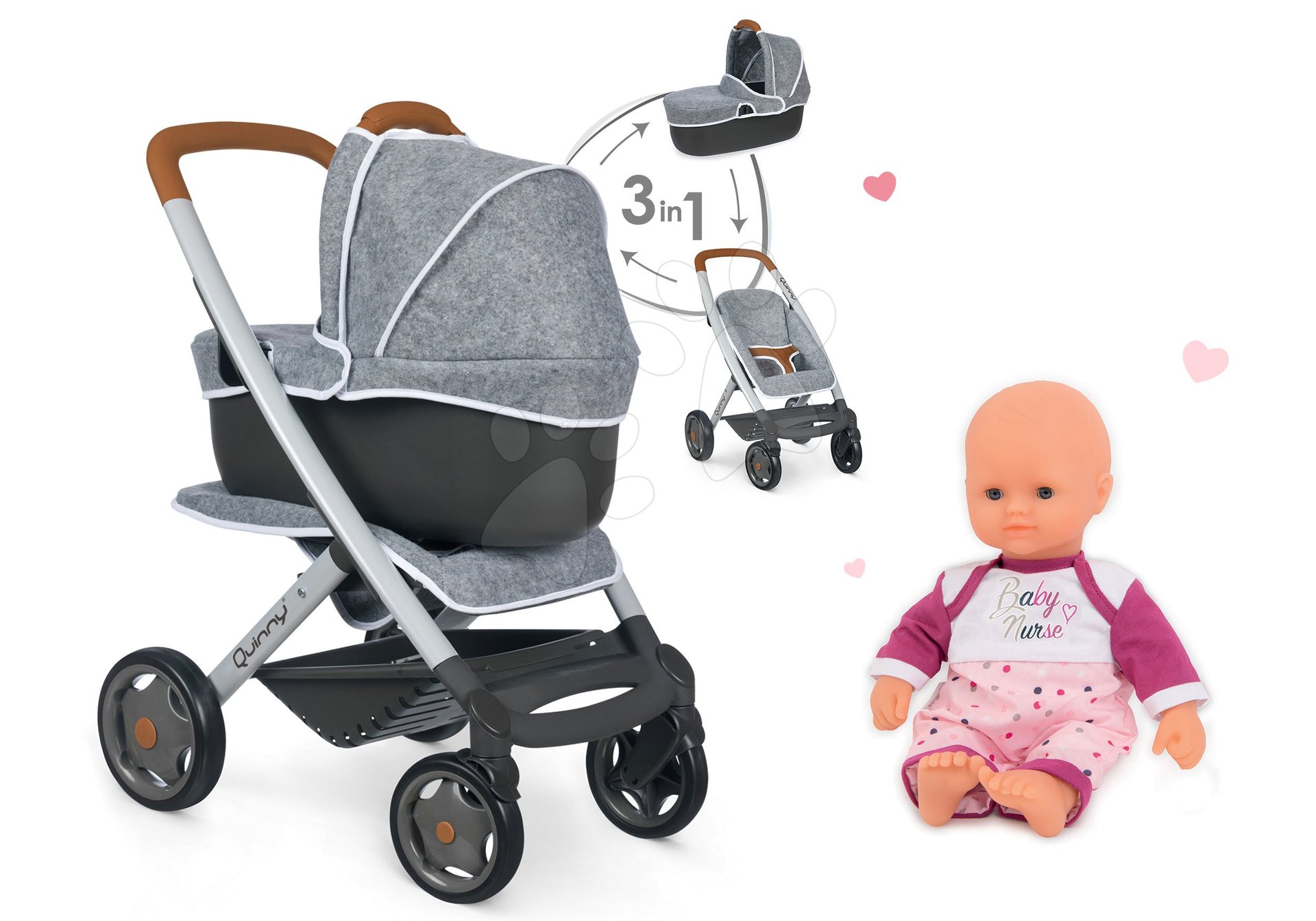 Set kočík hlboký a športový DeLuxe Pastel Maxi Cosi&Quinny Grey 3v1 Smoby a s bábikou Violette Baby Nurse