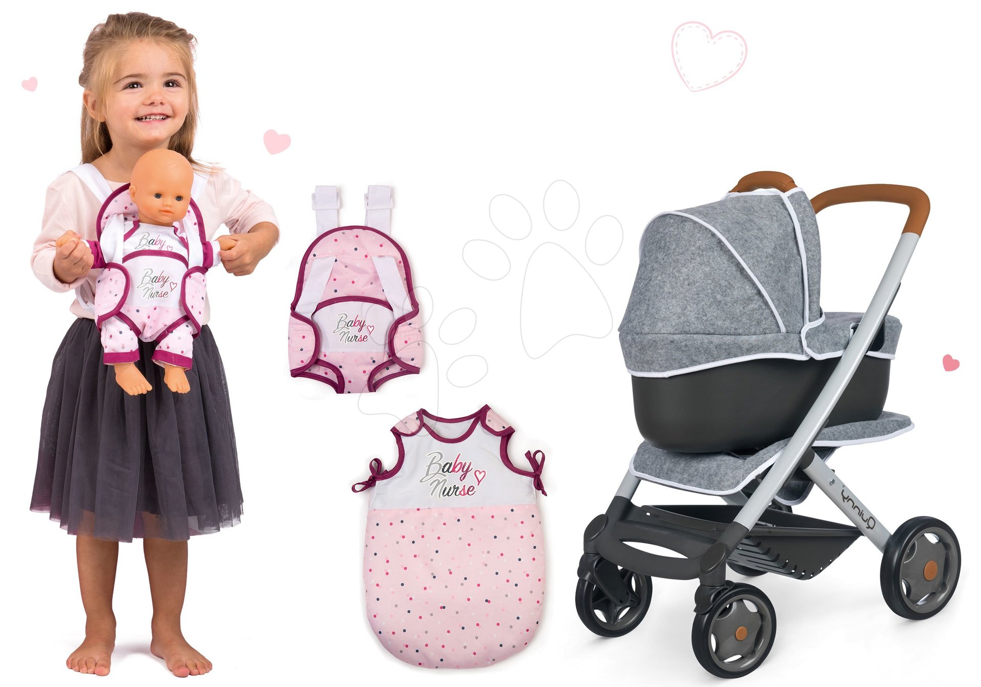 Set kočík hlboký a športový DeLuxe Pastel Maxi Cosi&Quinny Grey 3v1 Smoby a bábika Violette Baby Nurse a nosičom a spacím vakom