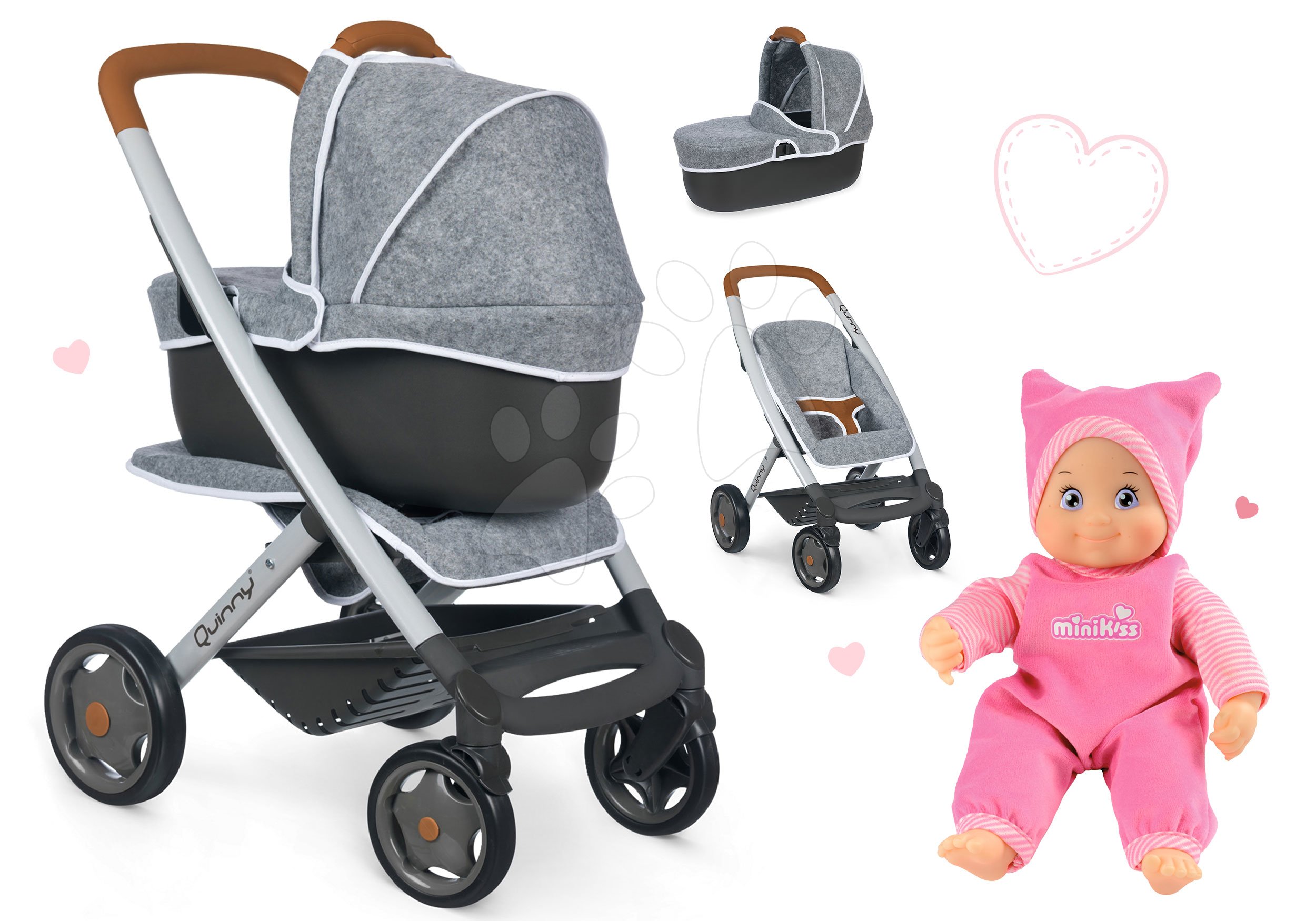 Set kočík hlboký a športový DeLuxe Pastel Maxi Cosi&Quinny Grey 3v1 Smoby a bábika MiniKiss so zvukom