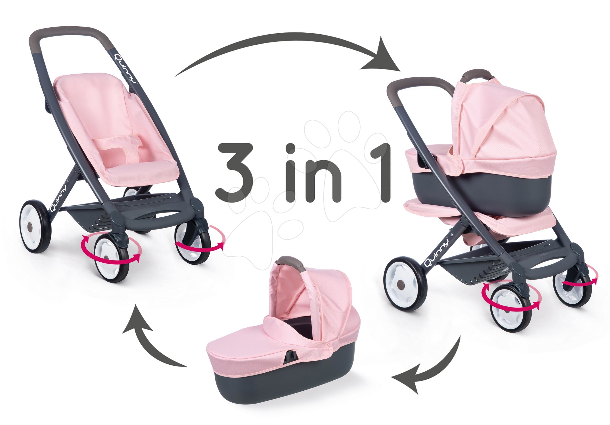 Kočíky od 18 mesiacov - Kočík trojkombinácia Powder Pink 3in1 Maxi Cosi&Quinny Smoby hlboký a športový a prenosná postieľka pre 42 cm bábiku