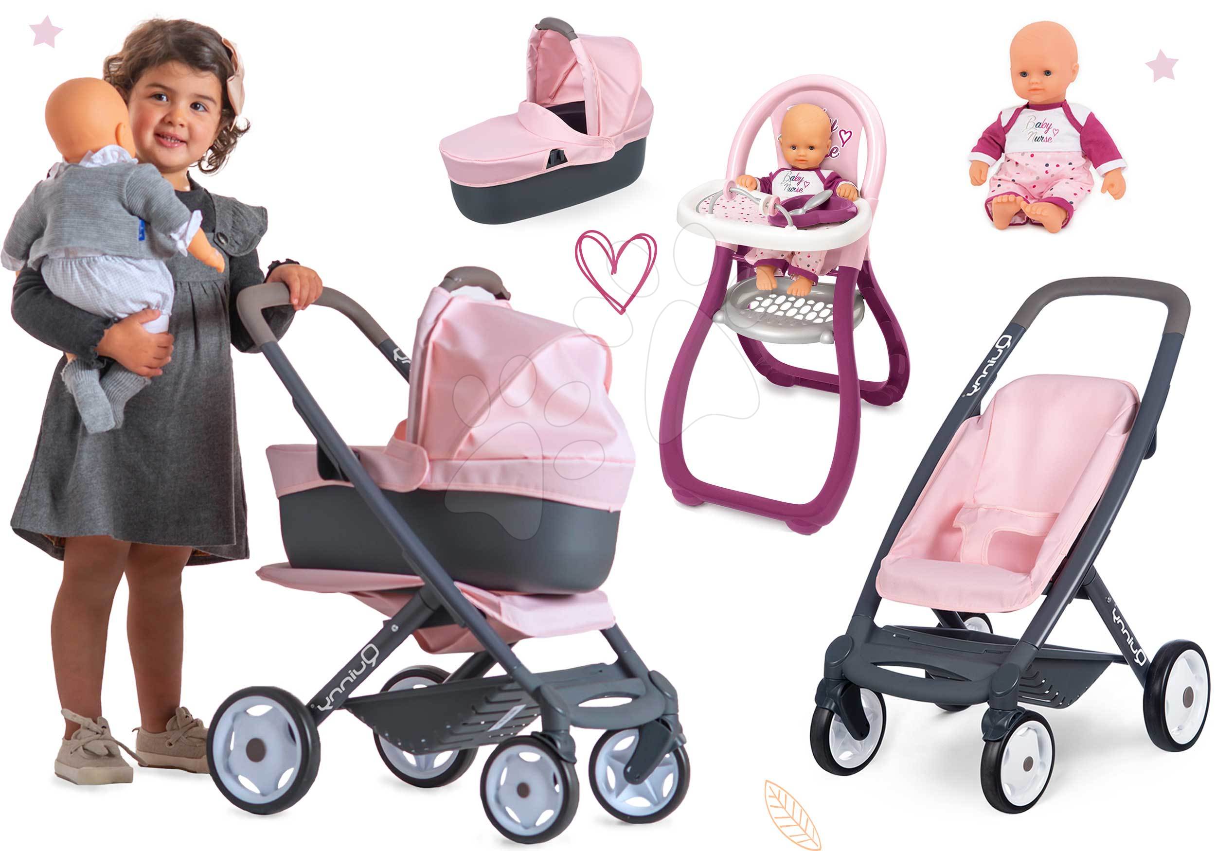 Cărucioare de la 18 luni - Set cărucior combinație triplă Powder Pink 3in1 Maxi Cosi & Quinny Smoby cu scaun de masă și păpușă