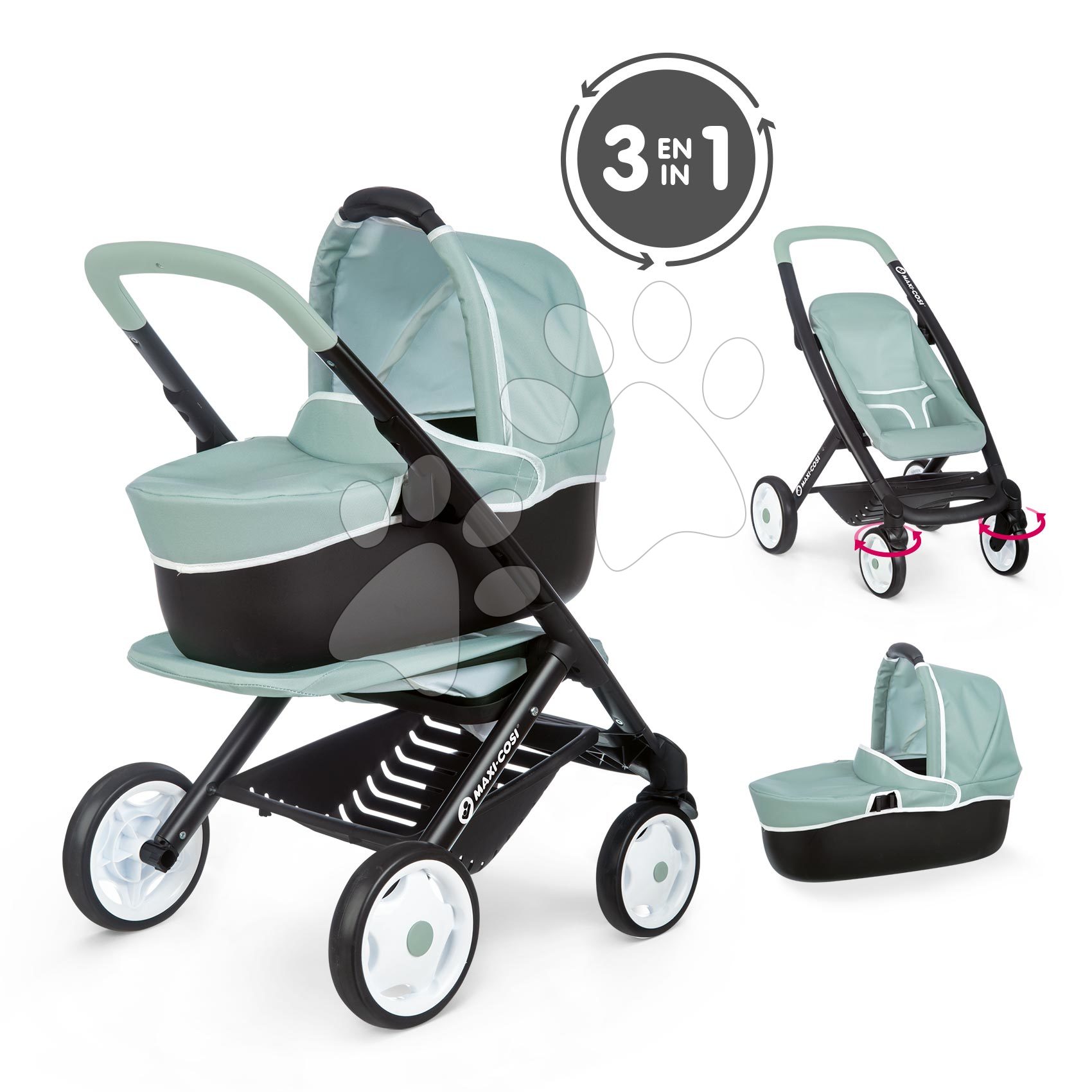 Babakocsi 3-kombináció Maxi Cosi 3in1 Pushchair+Pram Sage Smoby mély sportos és mózeskosár 42 cm játékbabának olivazöld