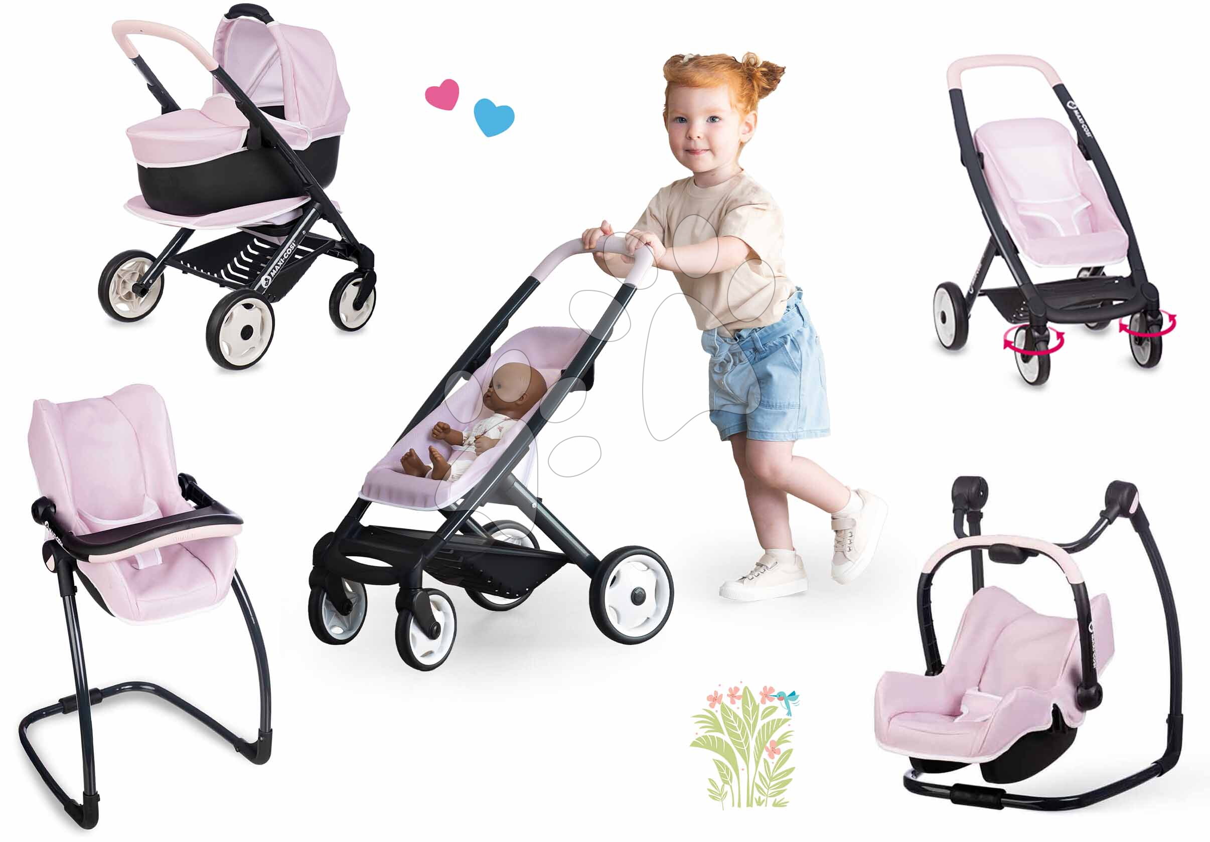 Set 3-in-1-Kinderwagen mit Hochstuhl, Schaukel und Autositz Pink Maxi Cosi  & Quinny Smoby