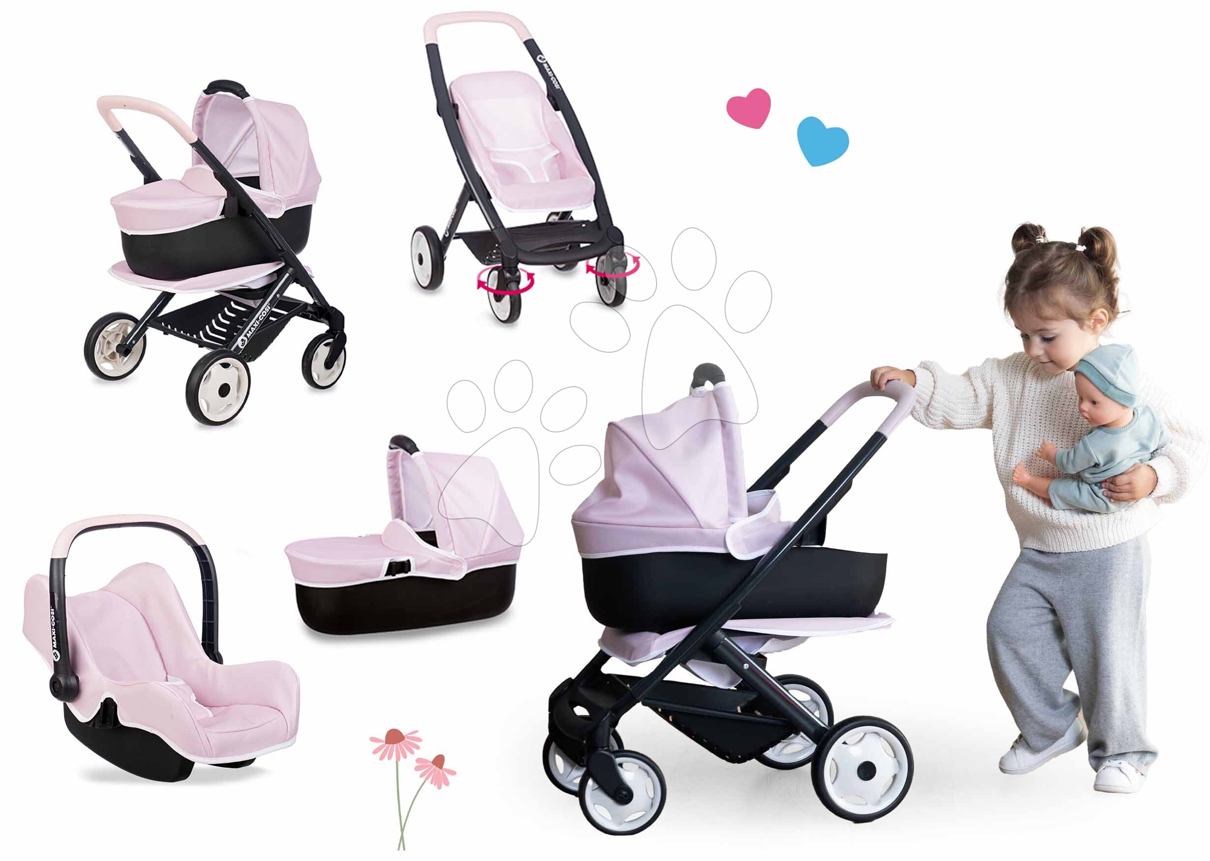 Set kočík trojkombinácia s autosedačkou Puschair Pink Maxi Cosi&Quinny Smoby s bezpečnostným pásom a úložným priestorom