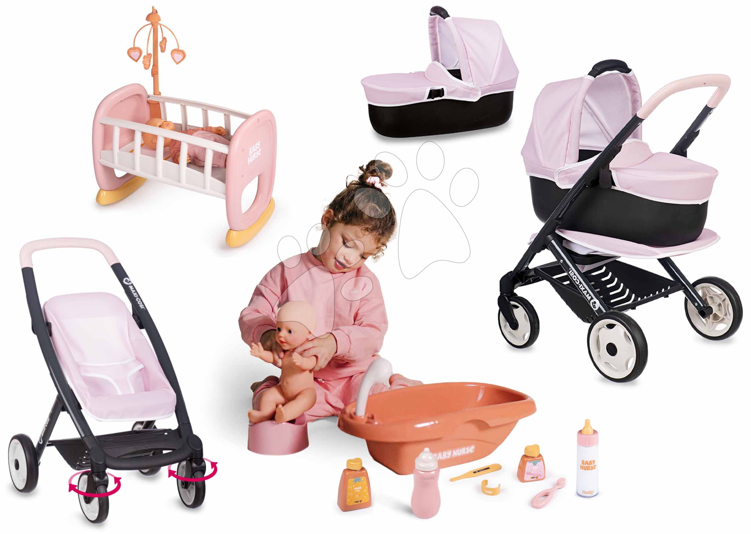 Set kočík trojkombinácia s postieľkou Puschair Pink Maxi Cosi&Quinny Smoby a vanička s nočníkom a fľaškou