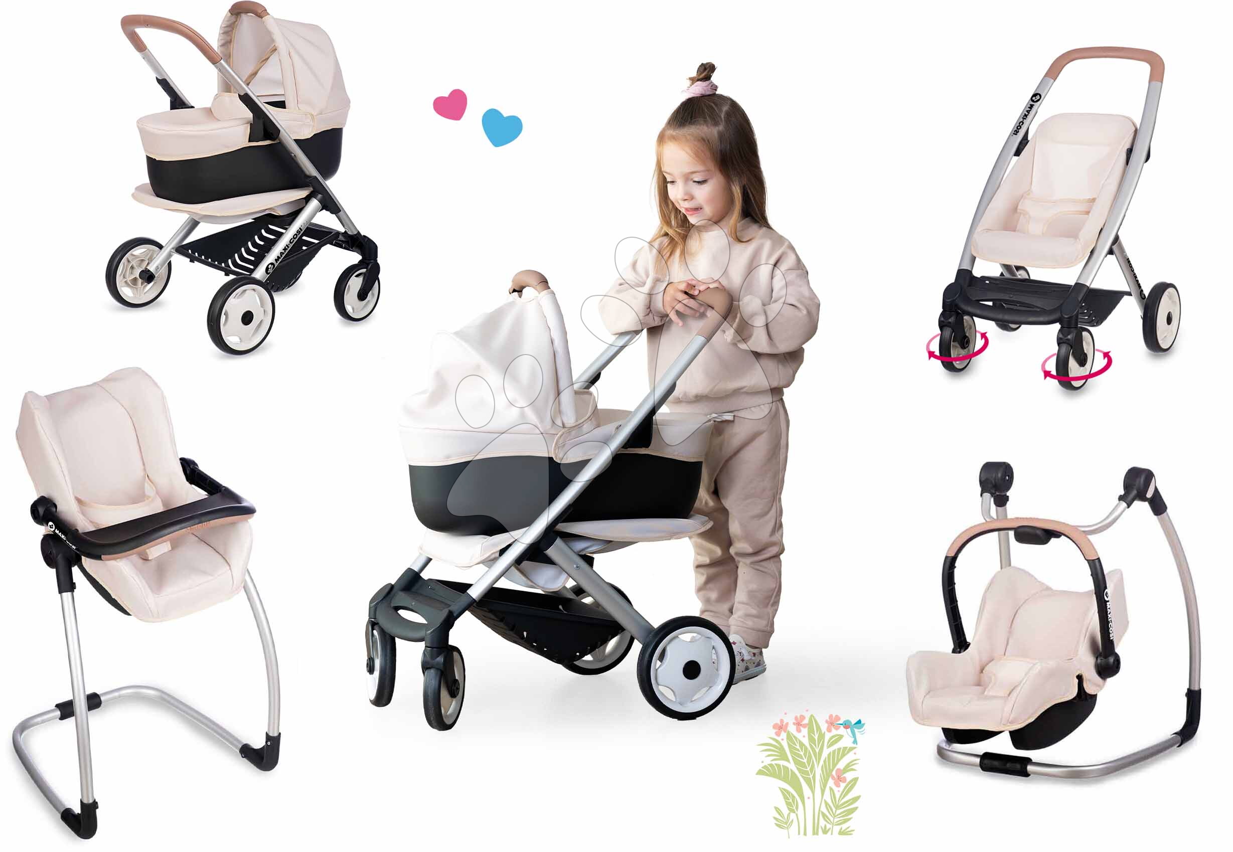 Set kočík trojkombinácia Puschair Sandy Maxi Cosi&Quinny Smoby s jedálenskou stoličkou hojdačkou a autosedačkou