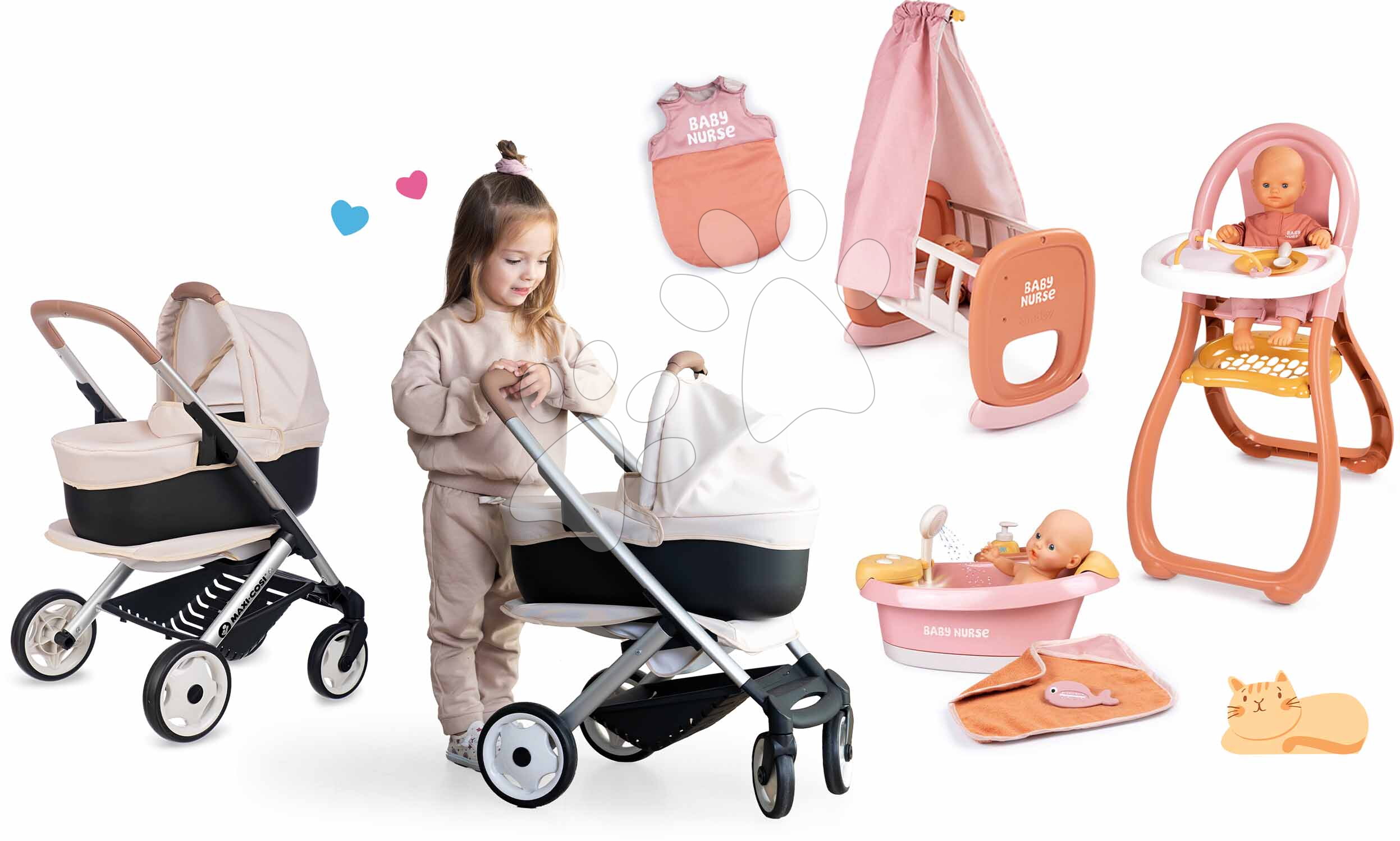 Set kočík trojkombinácia s kolískou Puschair Sandy Maxi Cosi&Quinny Smoby a jedálenská stolička s vaničkou a spacím vakom