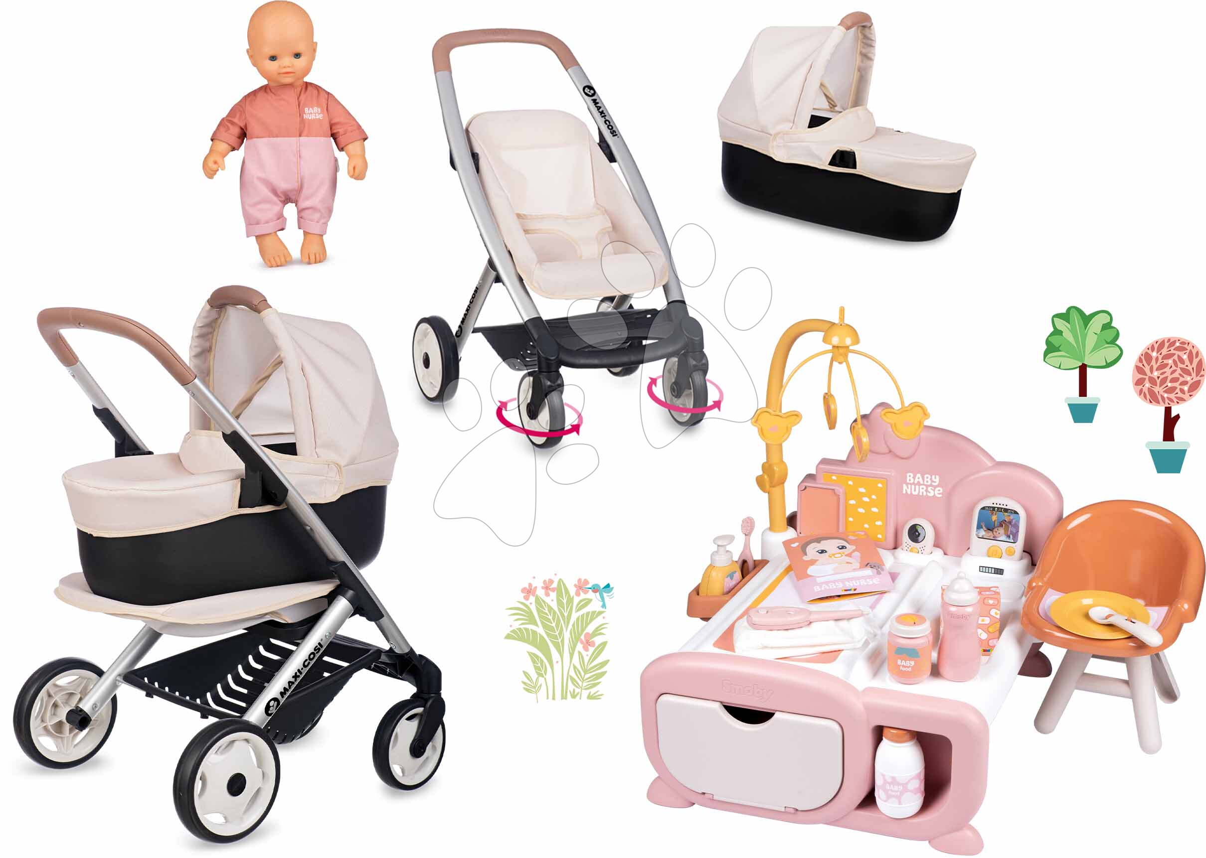 Set kočík trojkombinácia s bábikou v domčeku Puschair Sandy Maxi Cosi&Quinny Smoby elektronický s dennou a nočnou zónou