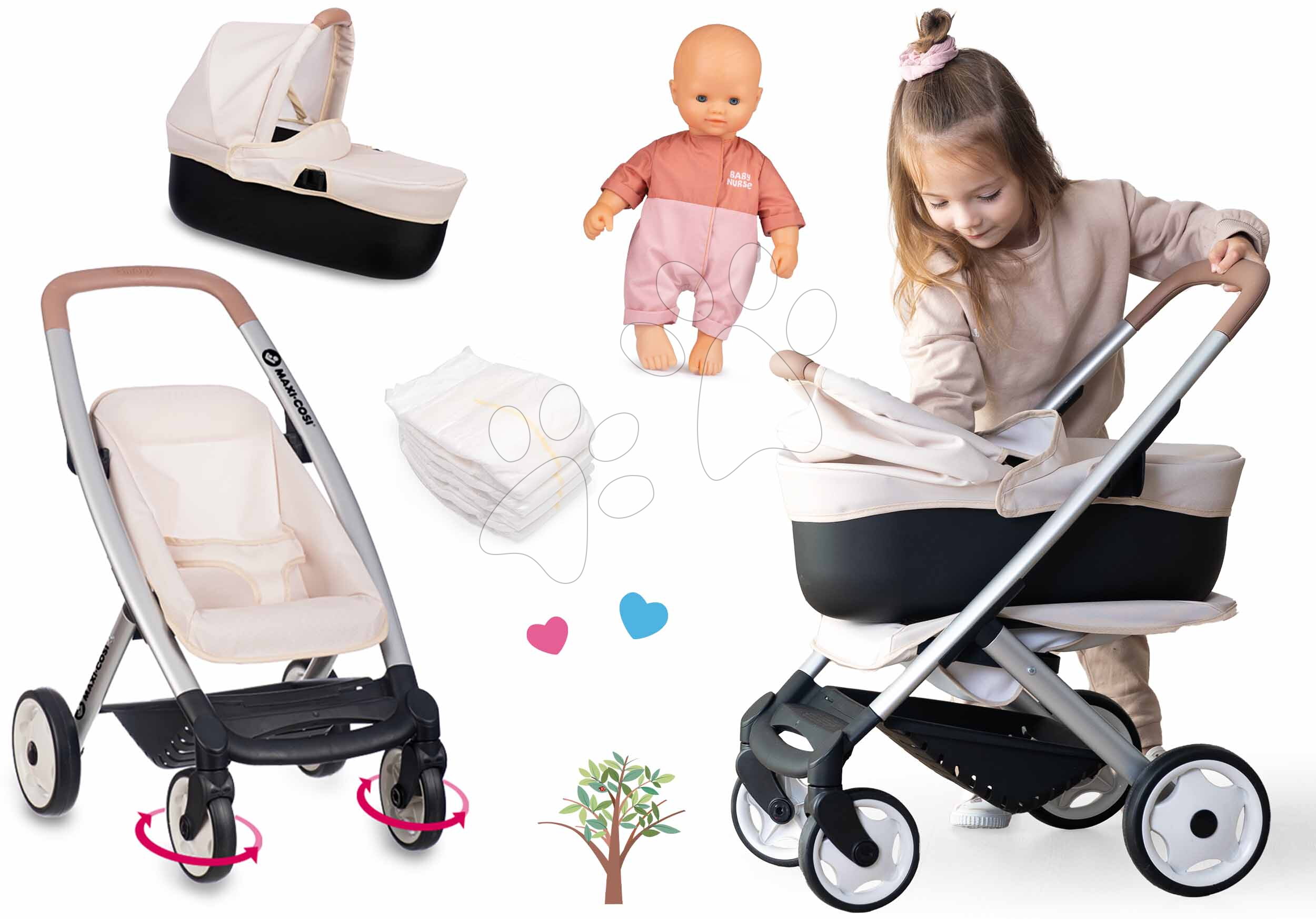 Set kočík trojkombinácia s bábikou v dupačkách Puschair Sandy Maxi Cosi&Quinny Smoby s ospalými očkami a plienkami