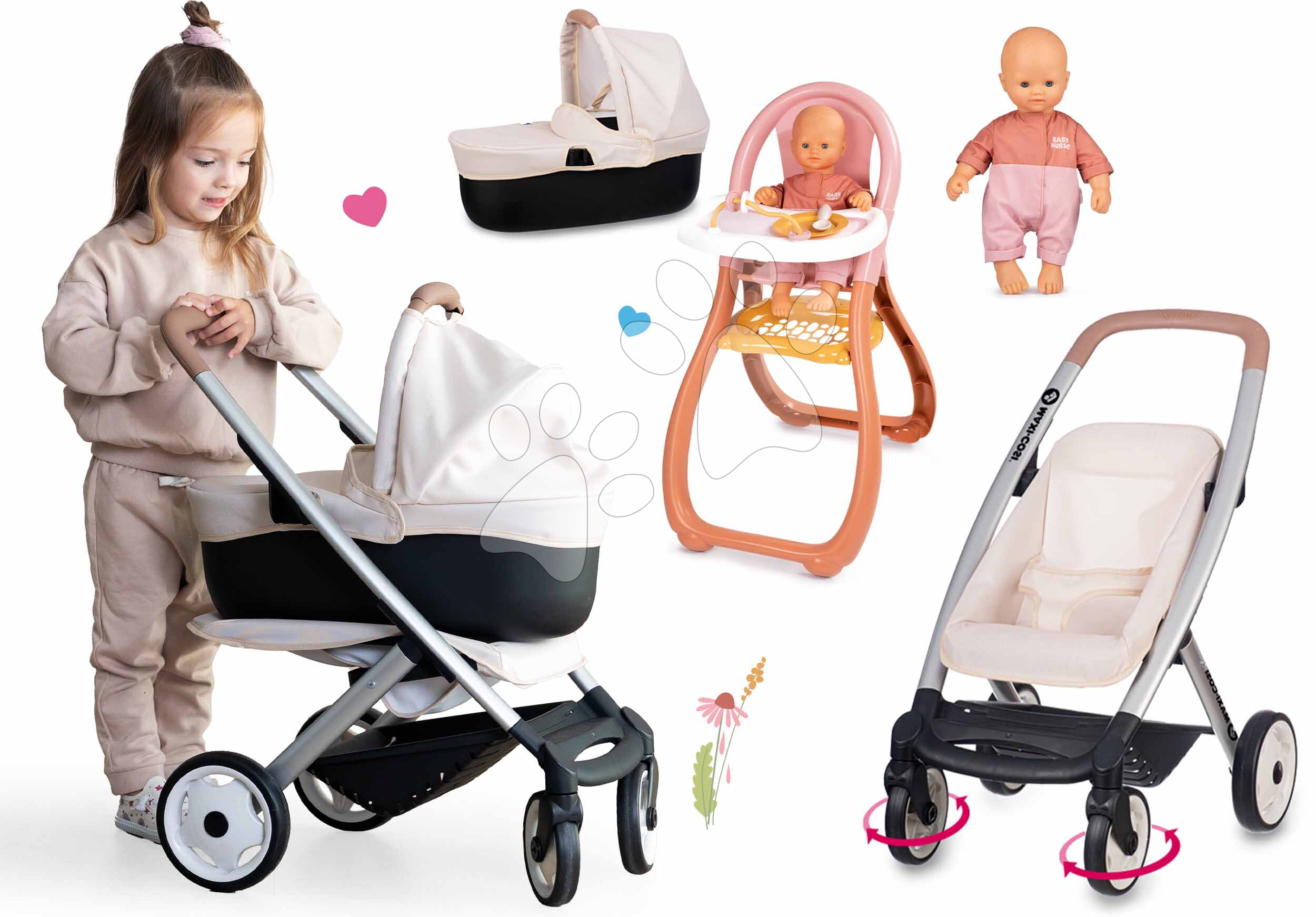 Set kočík trojkombinácia s jedálenskou stoličkou Puschair Sandy Maxi Cosi&Quinny Smoby a 32 cm bábika v dupačkách