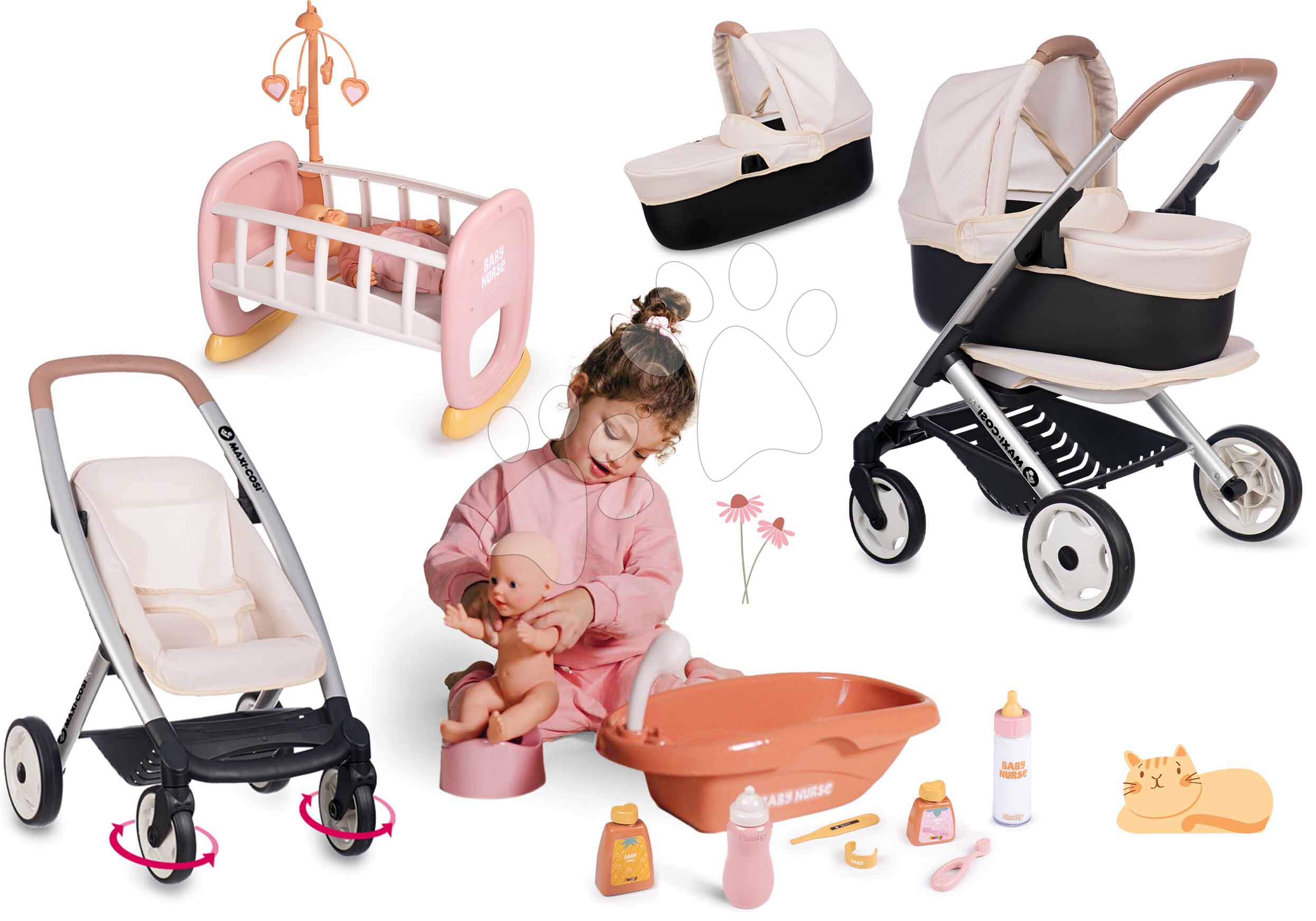 Set kočík trojkombinácia s postieľkou Puschair Sandy Maxi Cosi&Quinny Smoby a vanička s nočníkom a fľaškou